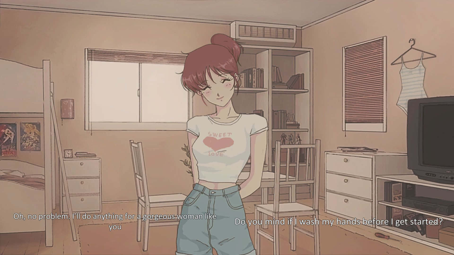 90s Anime, red-haired anime girl, white tshirt, Full HD Desktop Wallpaper