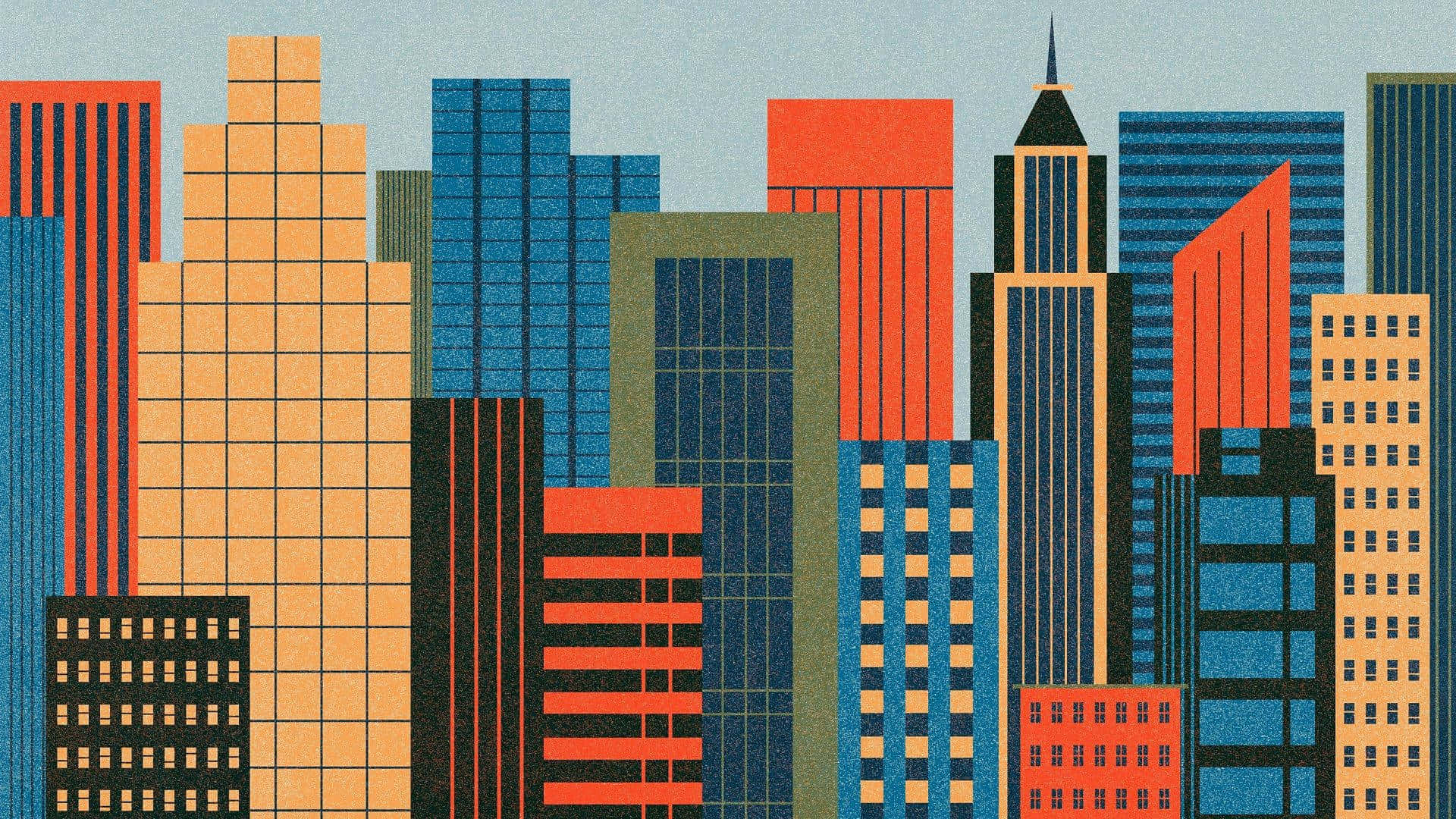 90s Computer, cityscape, geometric skyscrapers, Full HD Desktop Wallpaper