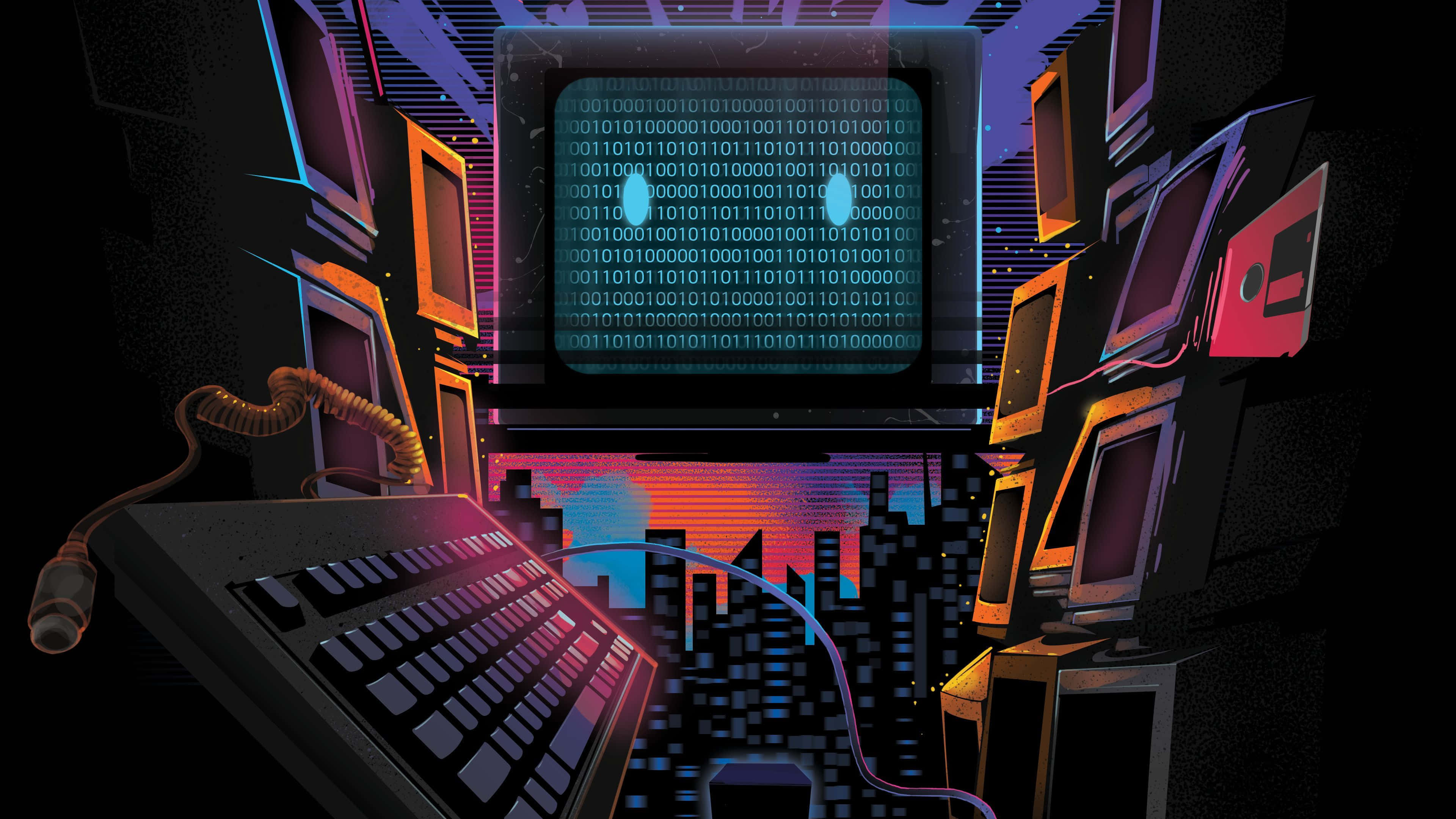 retro-futuristic, glowing monitors, binary code, 4K Desktop Wallpaper