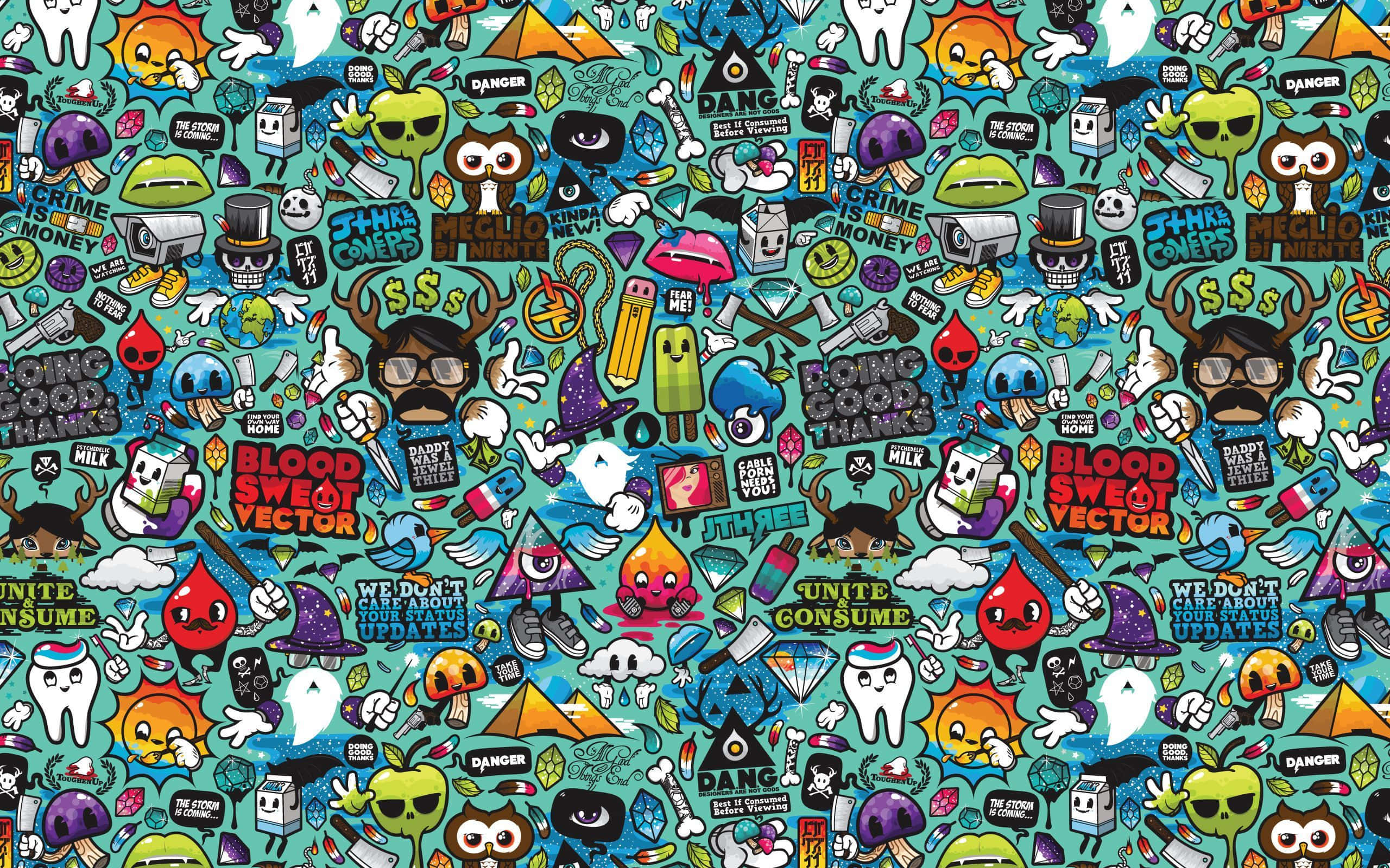 90s Computer, teal, cartoon skulls, 2K Desktop Wallpaper