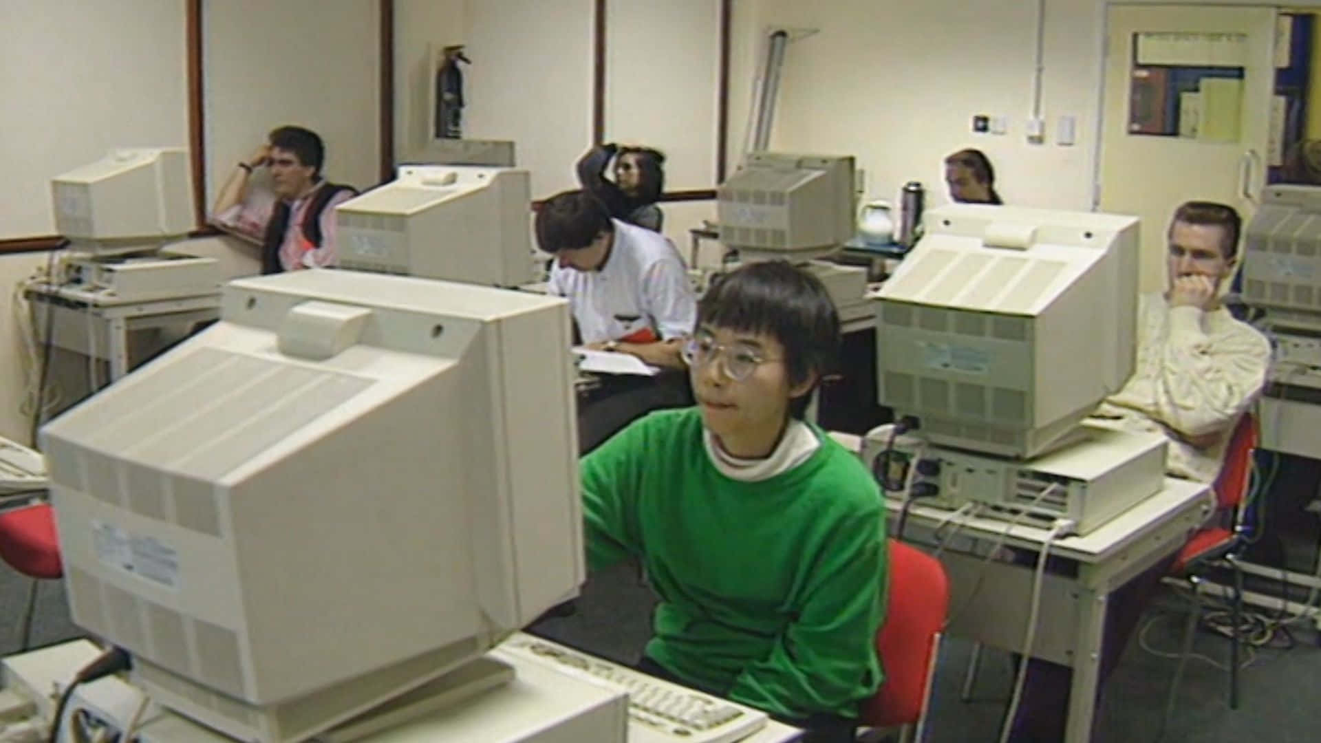 retro computer lab, bulky beige monitors, keyboards, Full HD Desktop Wallpaper