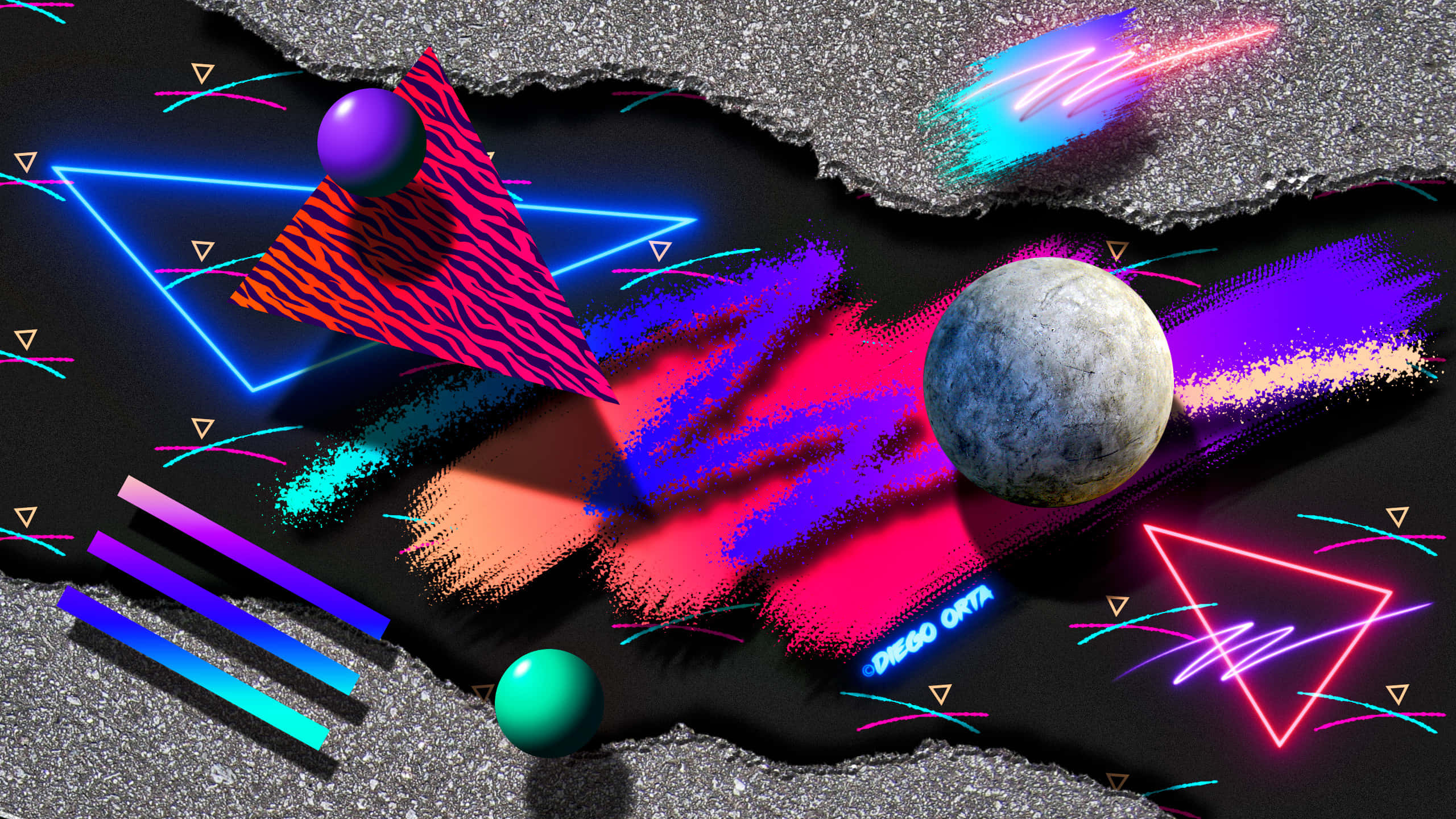 90s aesthetic laptop, neon geometric shapes, spheres, 2K Desktop Wallpaper