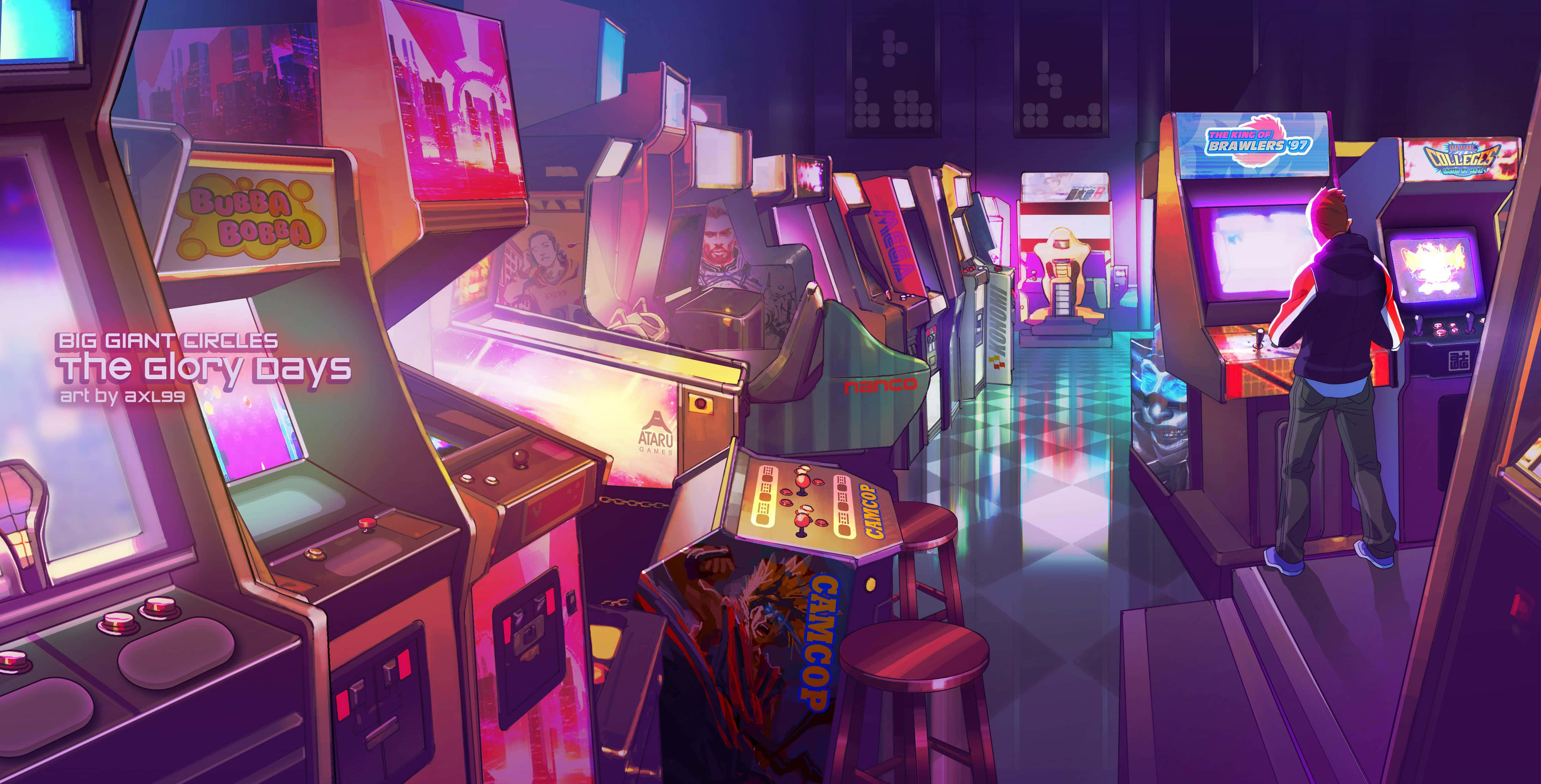 90s aesthetic laptop, neon lights, retro arcade, 4K Desktop Wallpaper