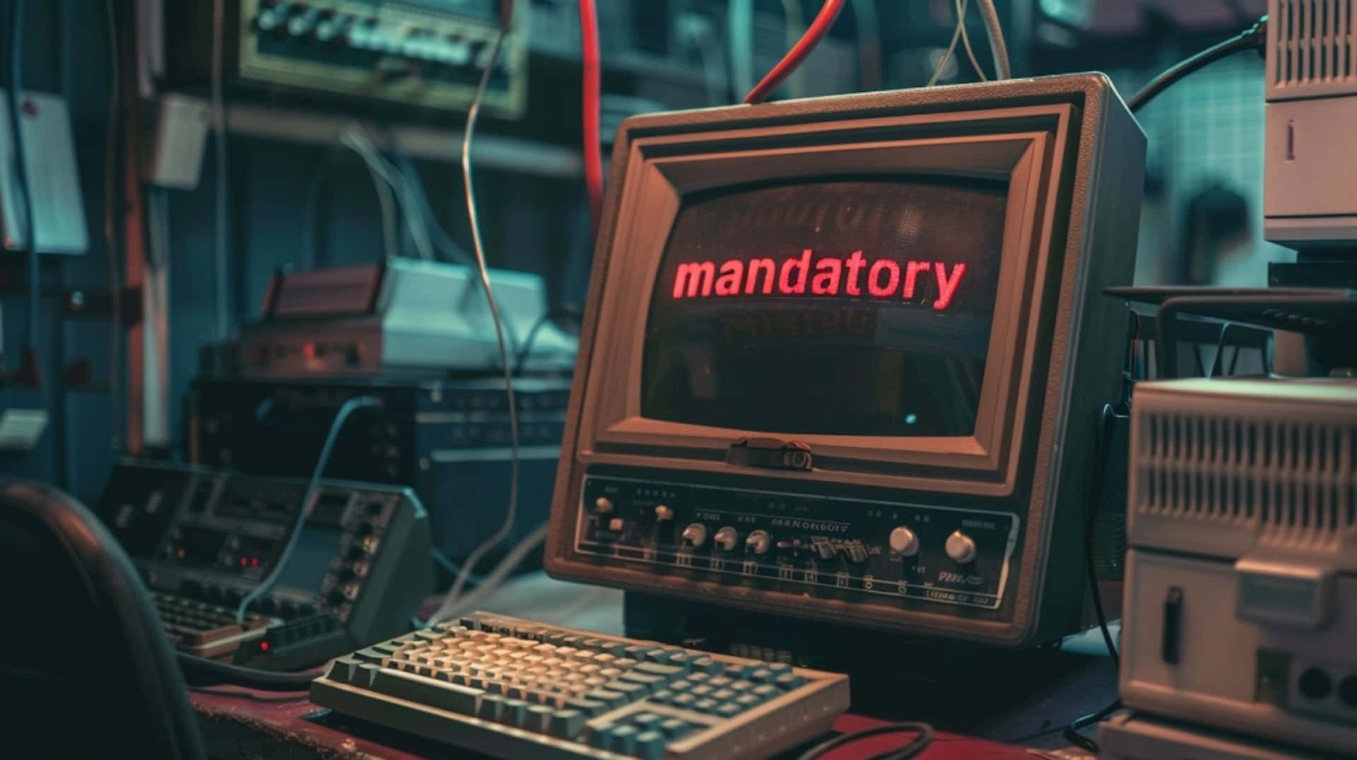 vintage computer, red text, cluttered retro tech workspace, Full HD Desktop Wallpaper