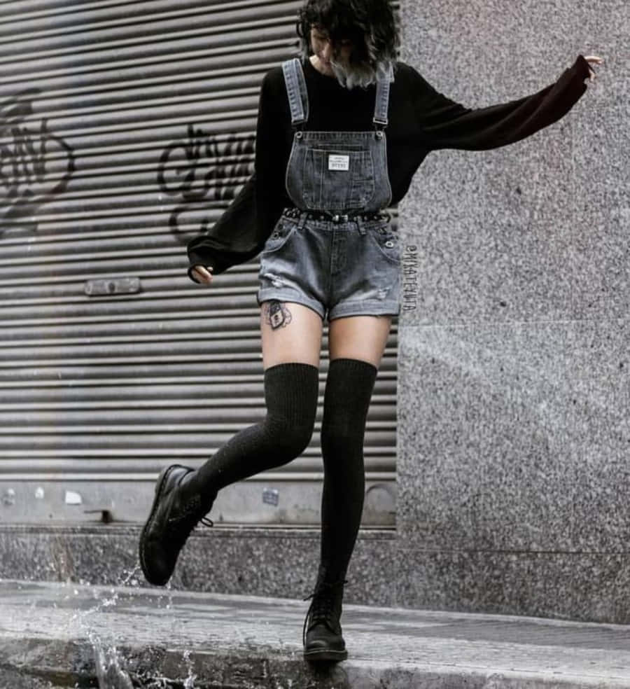 90s grunge aesthetic, denim overalls, black boots, SD Phone Wallpaper