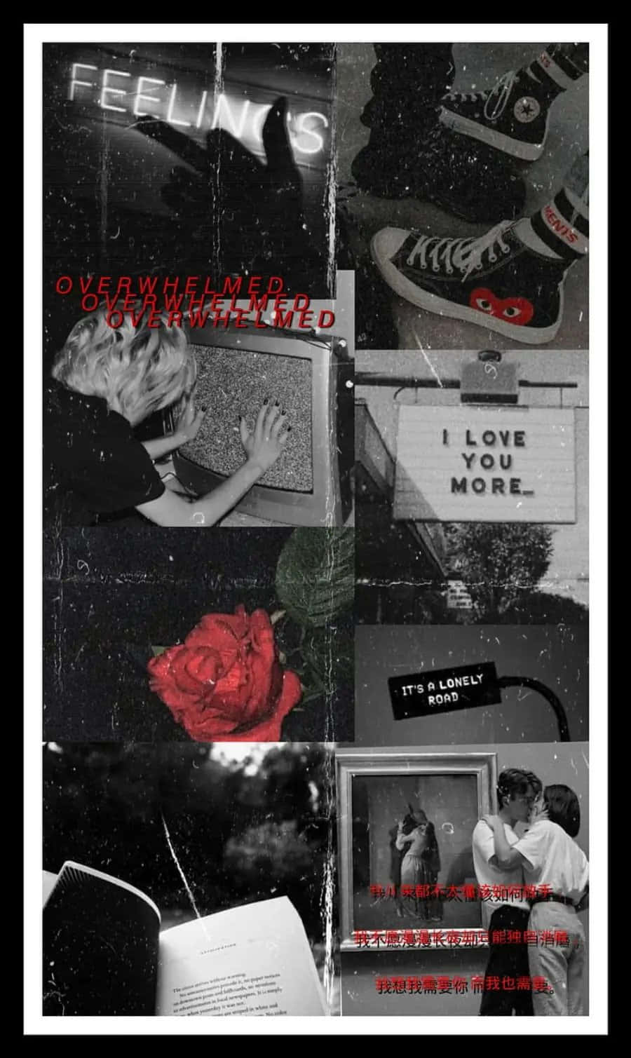 90s Grunge Aesthetic, black and white photos, vivid red rose, HD Phone Wallpaper