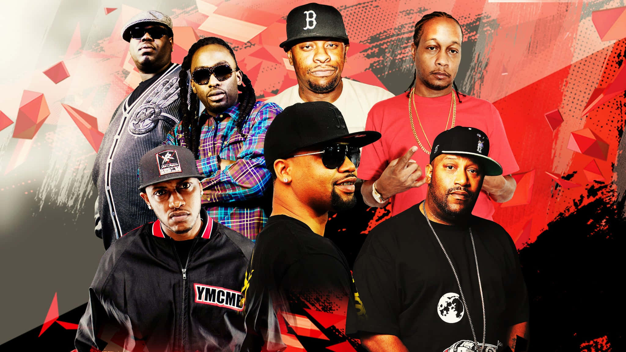 90s hip hop, red and black geometric background, graffiti-style accents, Full HD Desktop Wallpaper