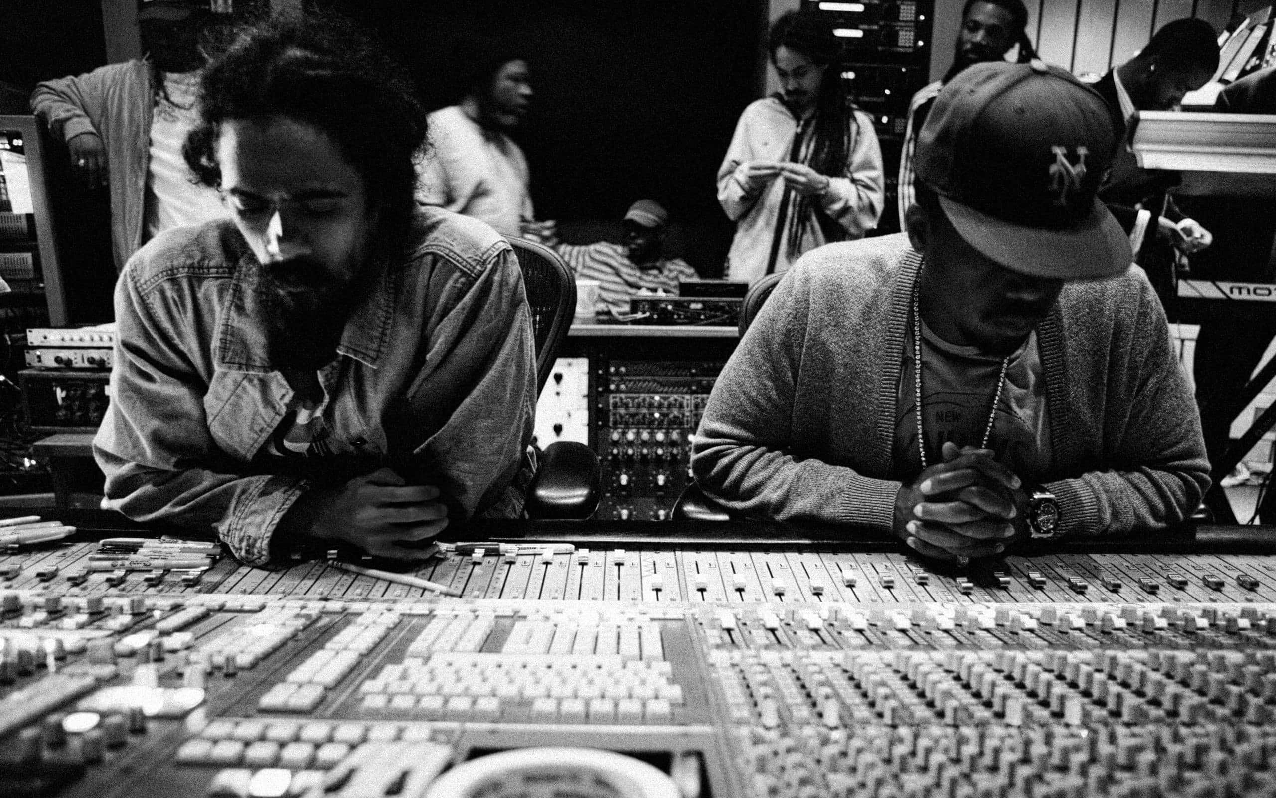 90s hip hop, audio mixing console, dimly lit recording studio, 2K Desktop Wallpaper