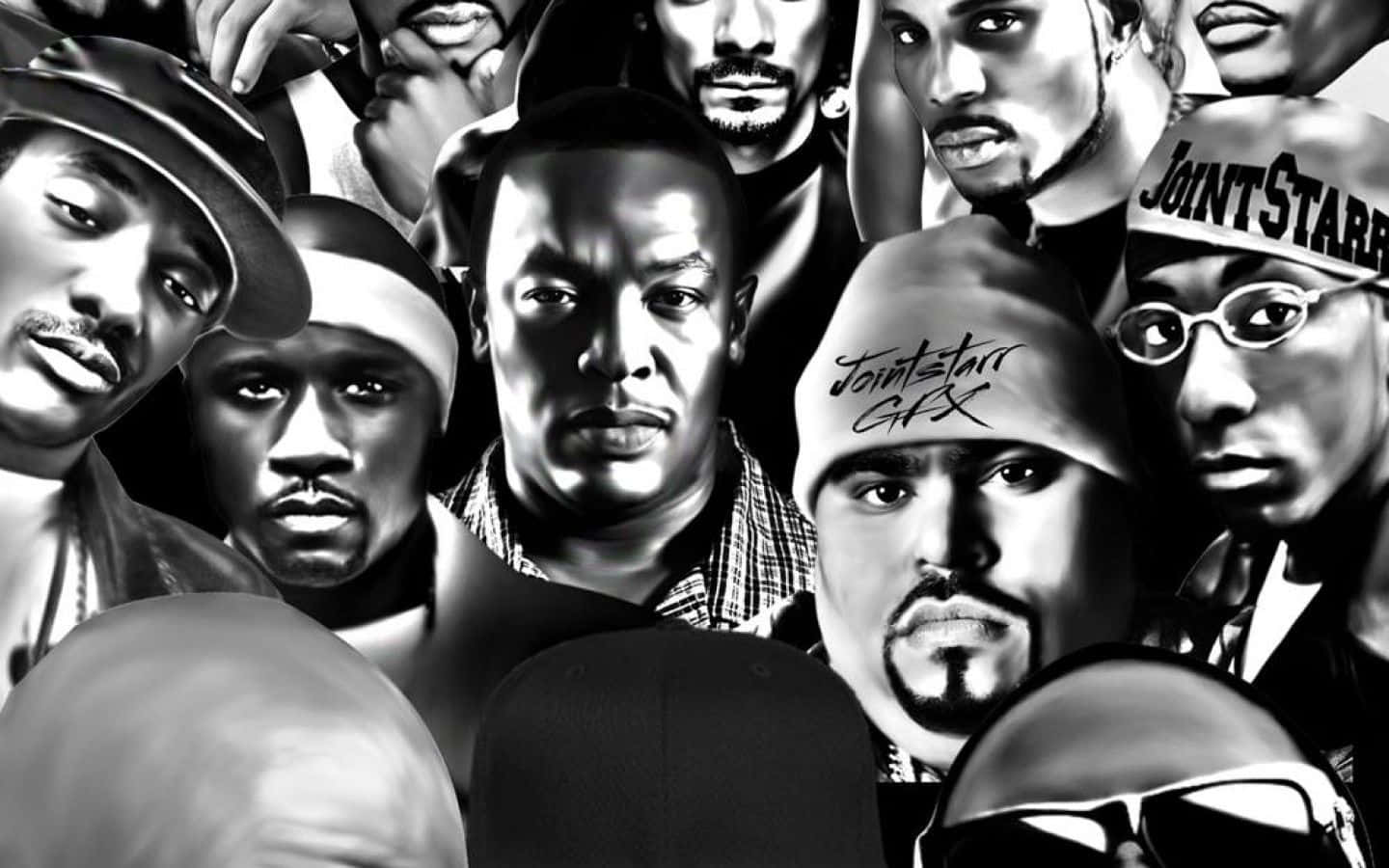 black and white photo, iconic hip hop artists, intense expressions, HD Desktop Wallpaper