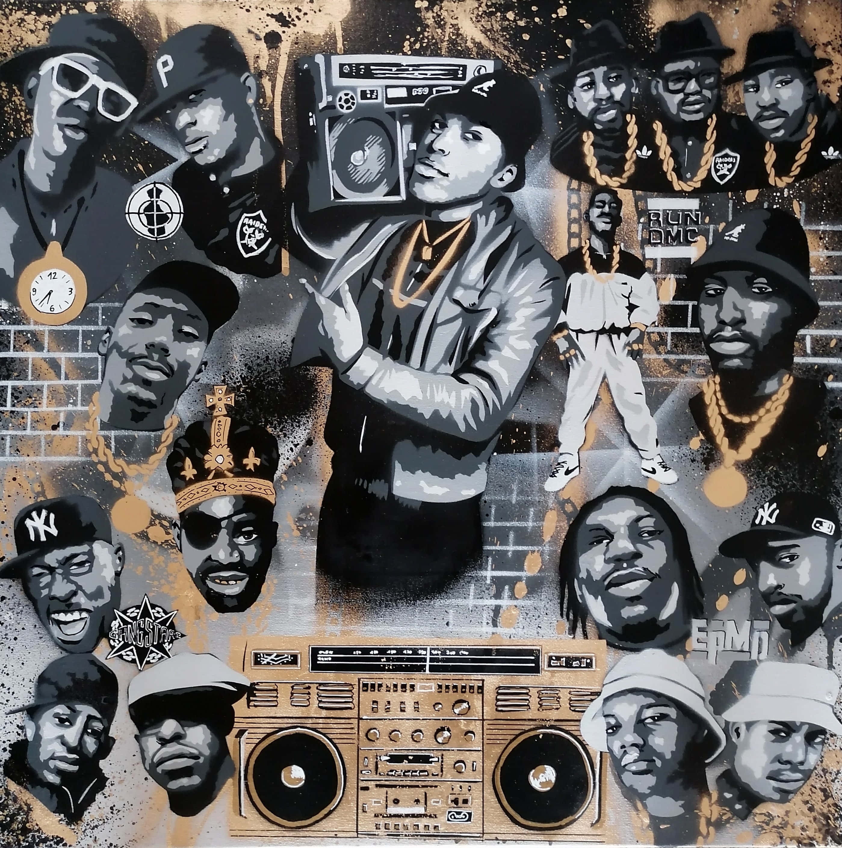 90s hip hop, boombox, brick wall, 2K Phone Wallpaper