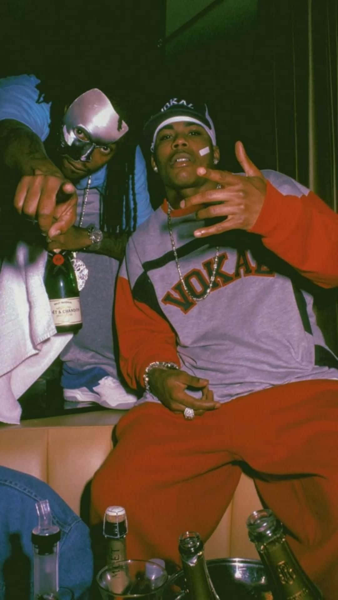 silver mask, red and gray VOKAL sweatshirt, champagne bottle, Full HD Phone Wallpaper