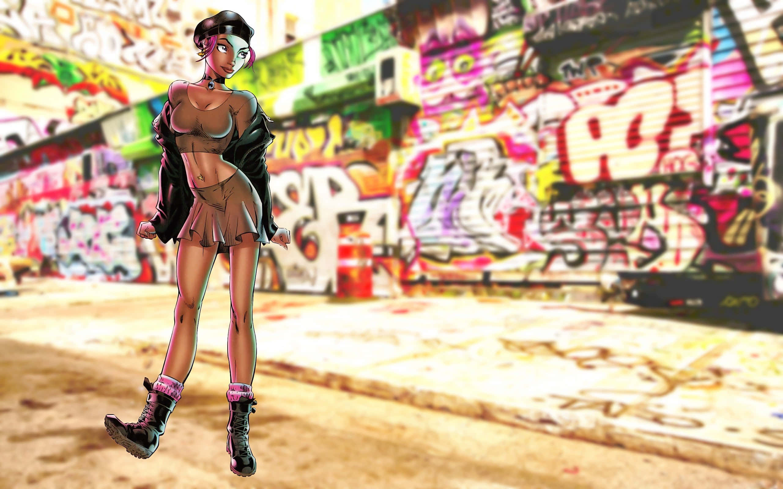 90s Style, anime girl, black jacket, 2K Desktop Wallpaper