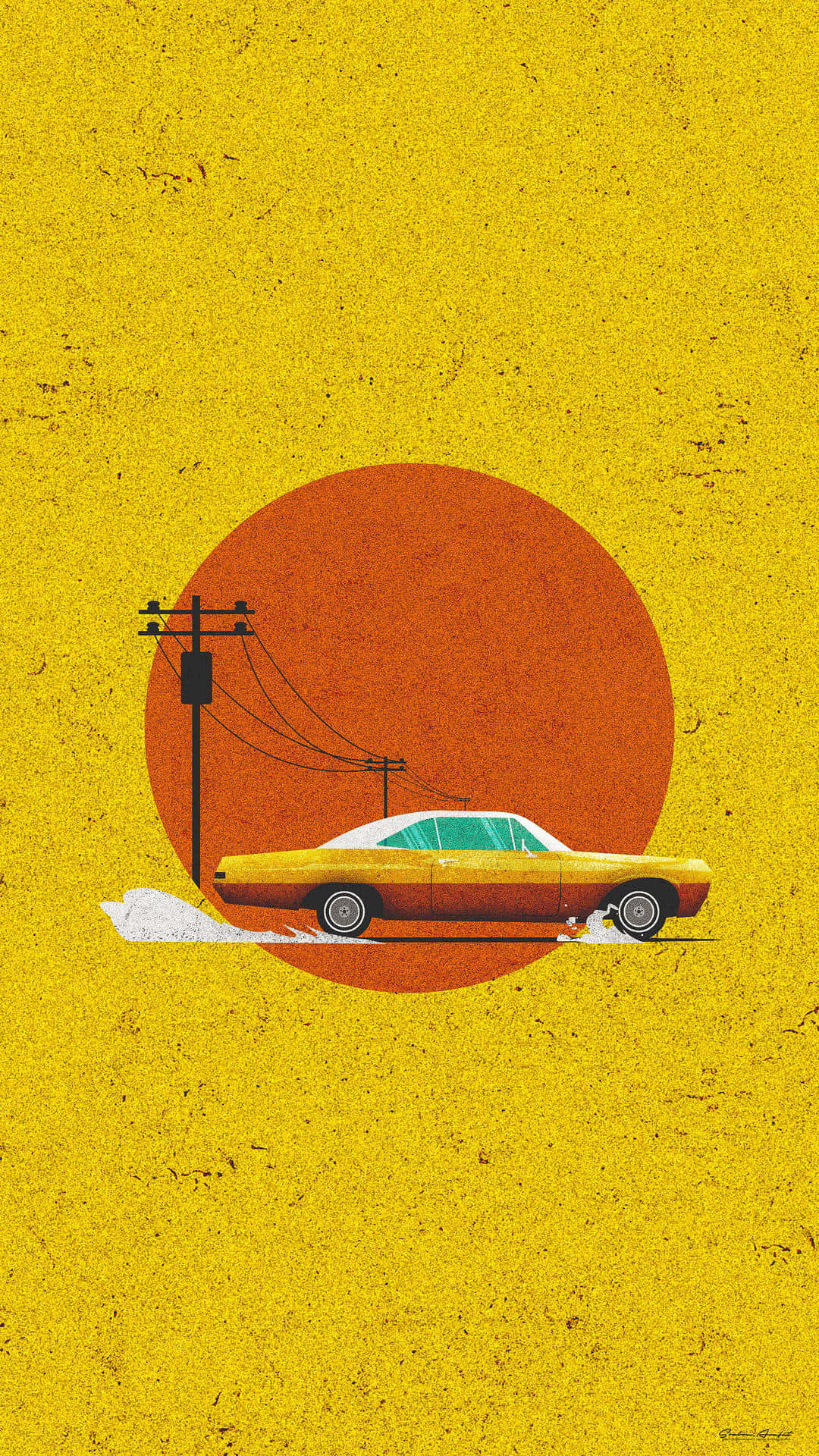 90s Aesthetic, vintage yellow car, large orange sun, Full HD Phone Wallpaper