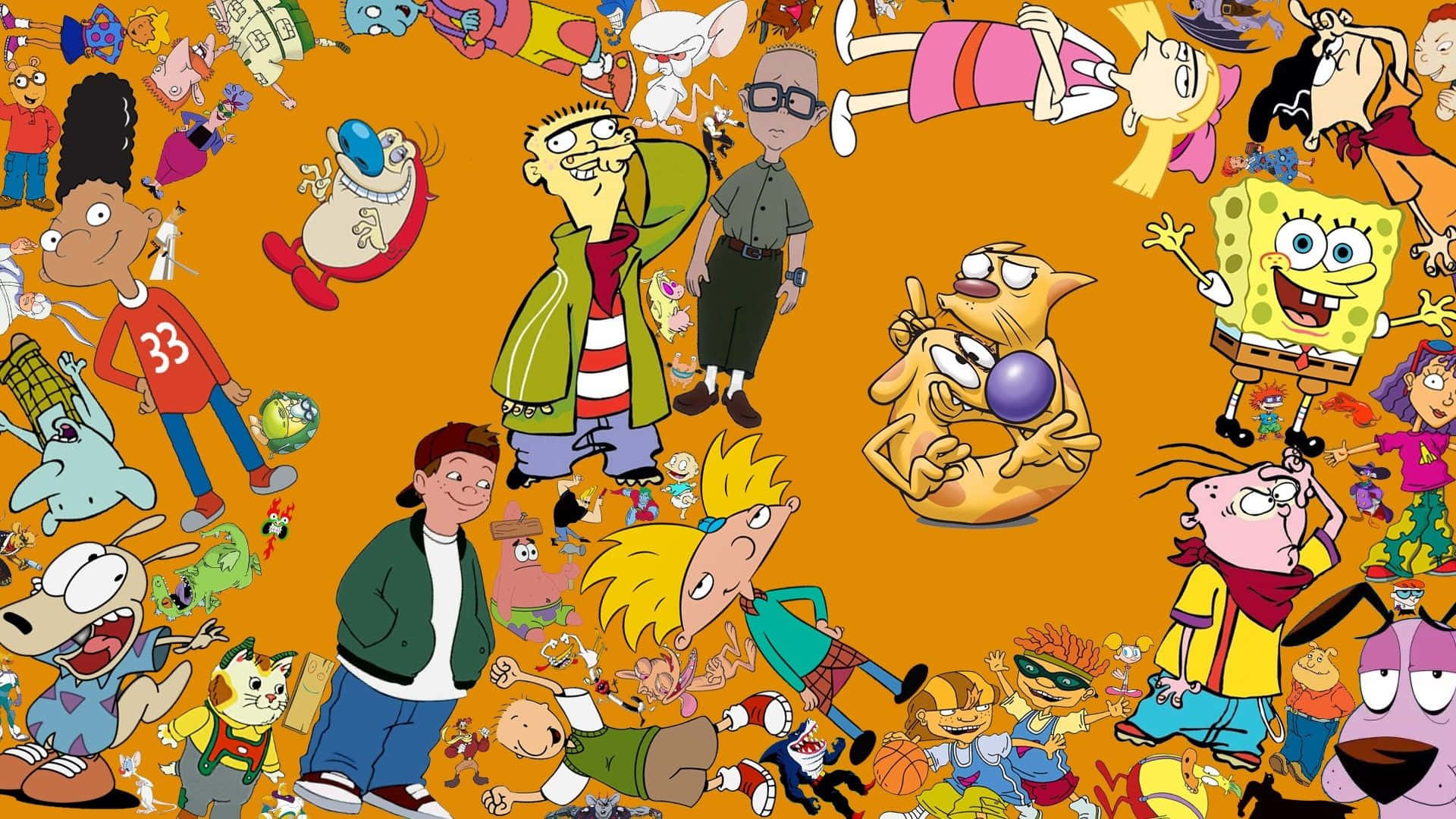 90s Style, cartoon characters, orange background, Full HD Desktop Wallpaper