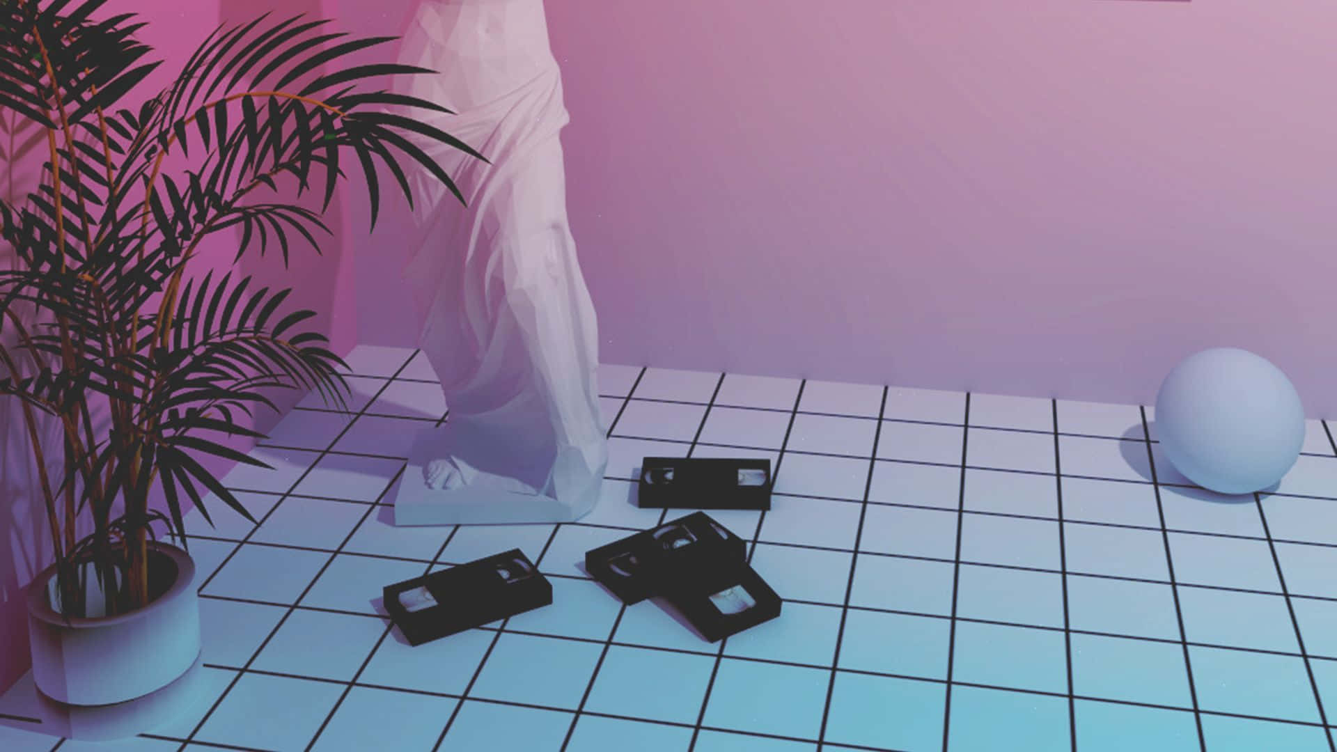 90s Aesthetic, VHS tapes, grid floor, Full HD Desktop Wallpaper