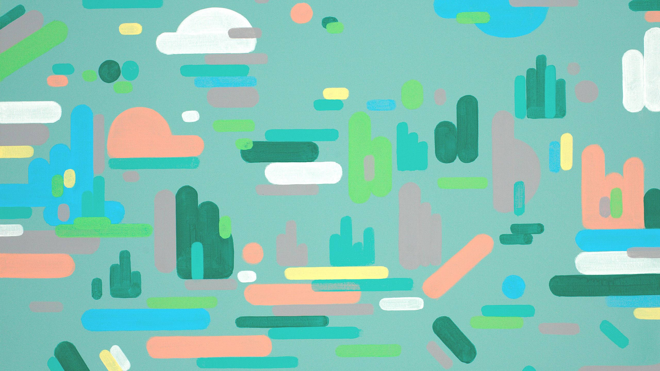 pastel 90s abstract shapes pattern, teal coral, mint, 2K Desktop Wallpaper