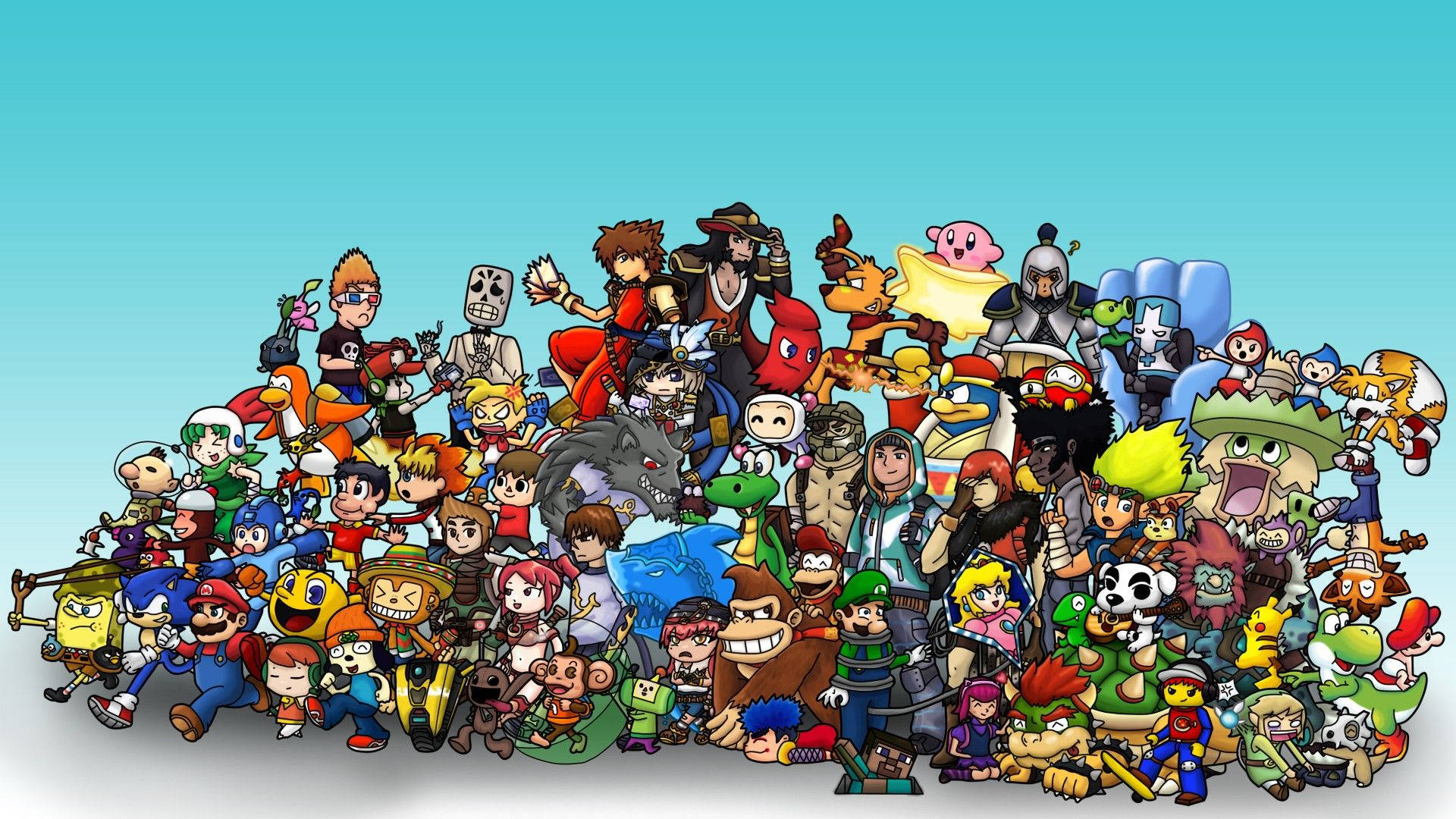 90s cartoon characters, cartoon-style, gradient blue background, Full HD Desktop Wallpaper