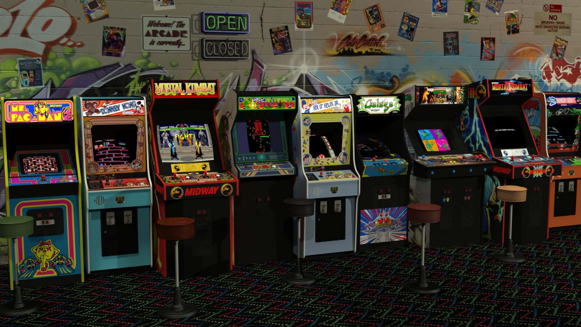 90s, vintage arcade machines, glowing screens, Full HD Desktop Wallpaper