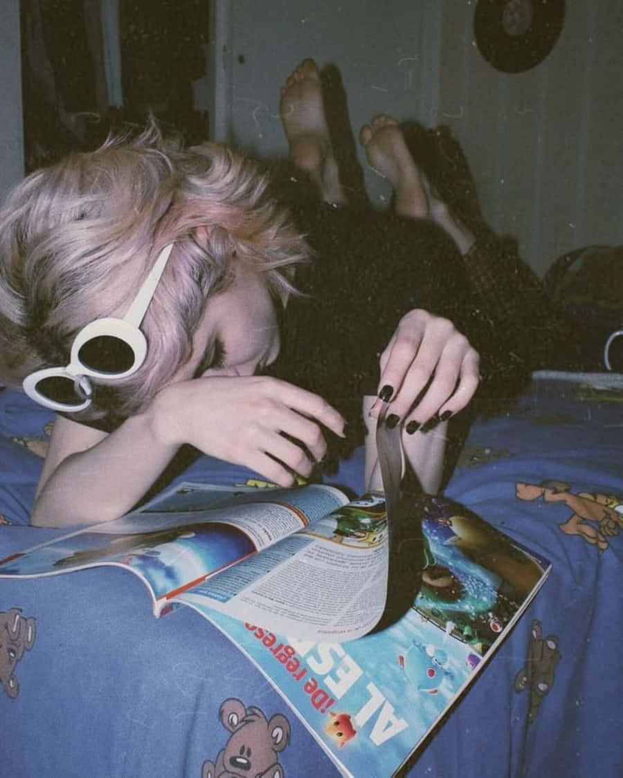 90s grunge aesthetic, pink hair, white sunglasses, SD Phone Wallpaper