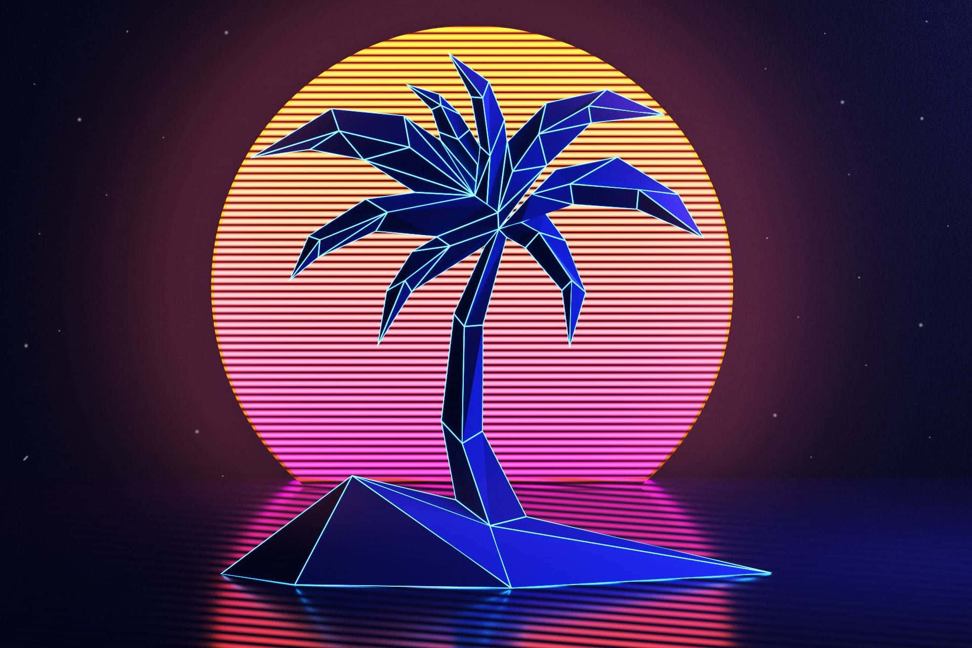 90s, retro wave, geometric blue palm tree, Full HD Desktop Wallpaper