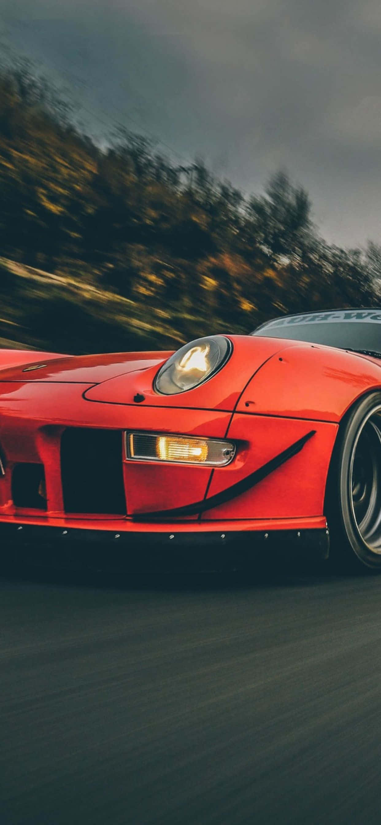 911 iPhone, vibrant red, autumn trees, 2K Phone Wallpaper
