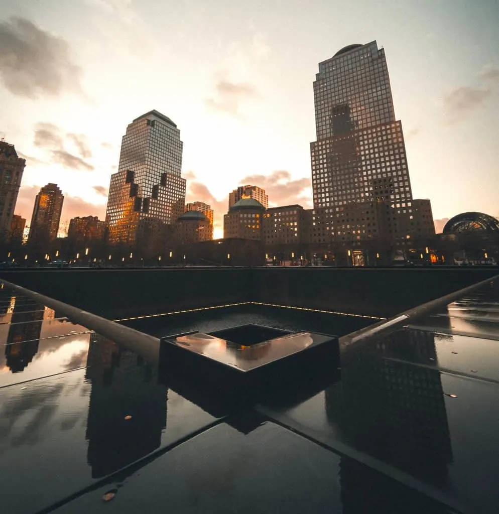 911 Memorial, sunset, reflective pool, SD Phone Wallpaper