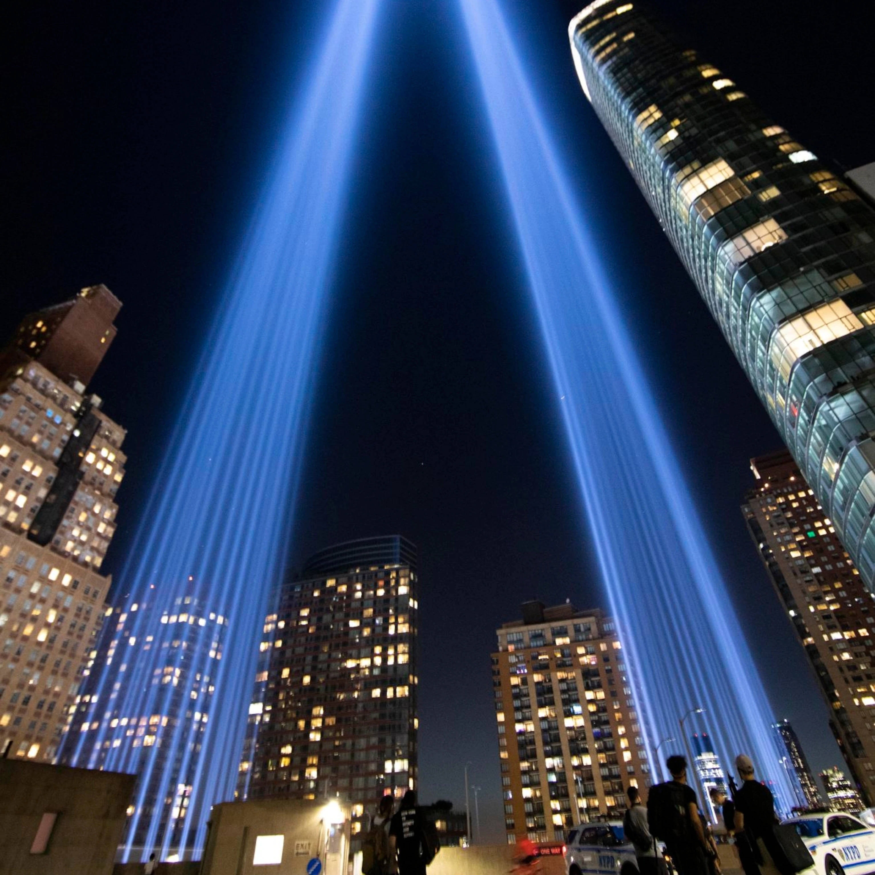911 Memorial, blue light beams, night sky, 2K Desktop Wallpaper