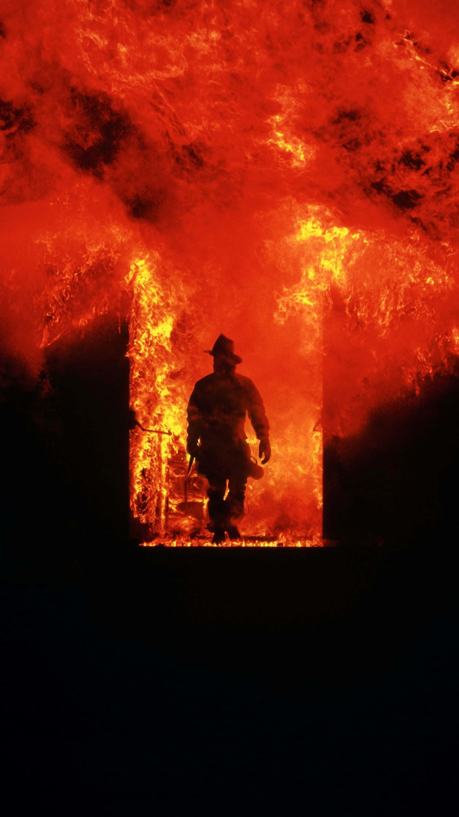 firefighter, silhouette, roaring orange flames, 2K Phone Wallpaper