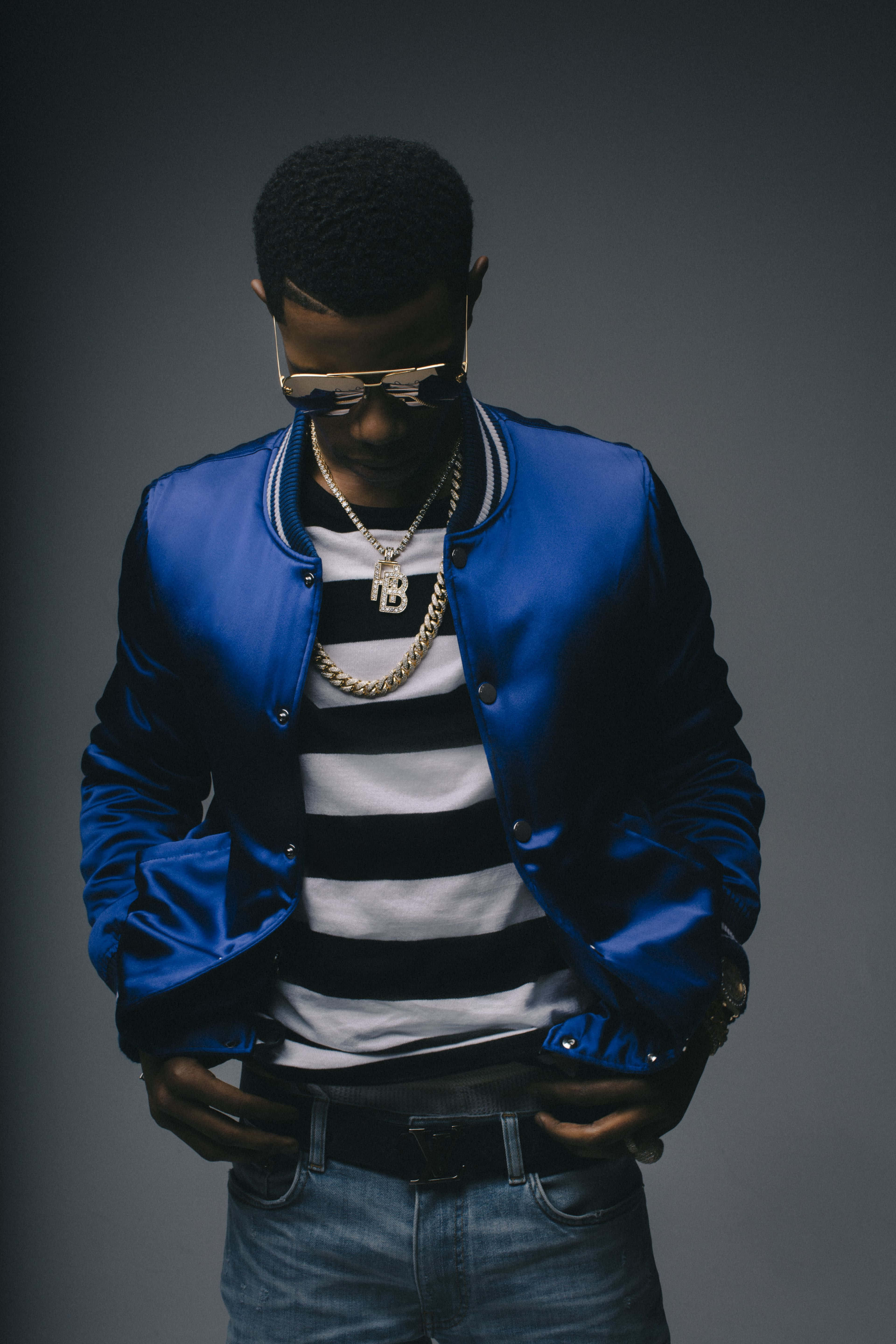 A Boogie Wit Da Hoodie, shiny blue bomber jacket, gold chains, 5K Phone Wallpaper
