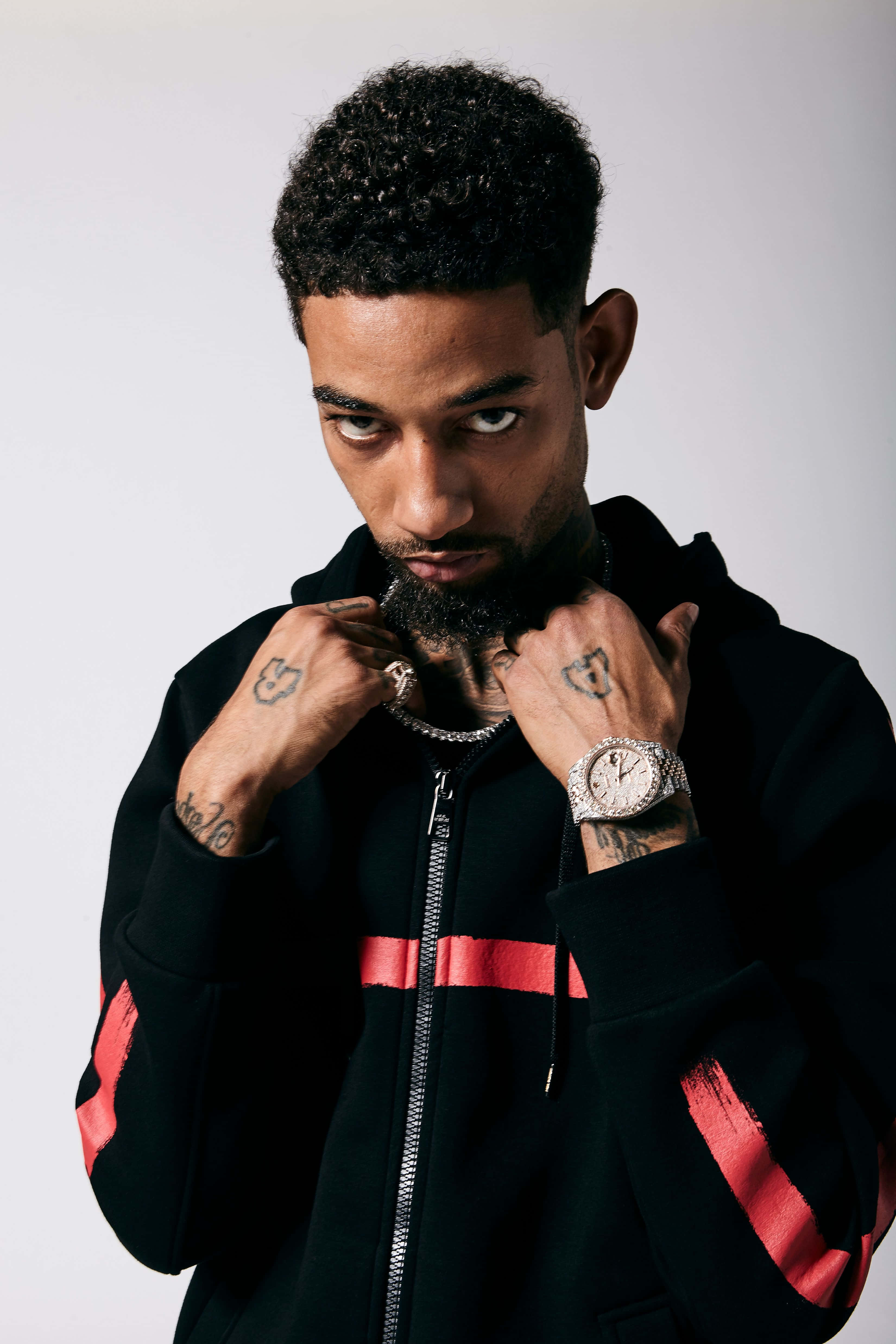 A Boogie Wit Da Hoodie, black hoodie with red stripes, diamond watch, 4K Phone Wallpaper