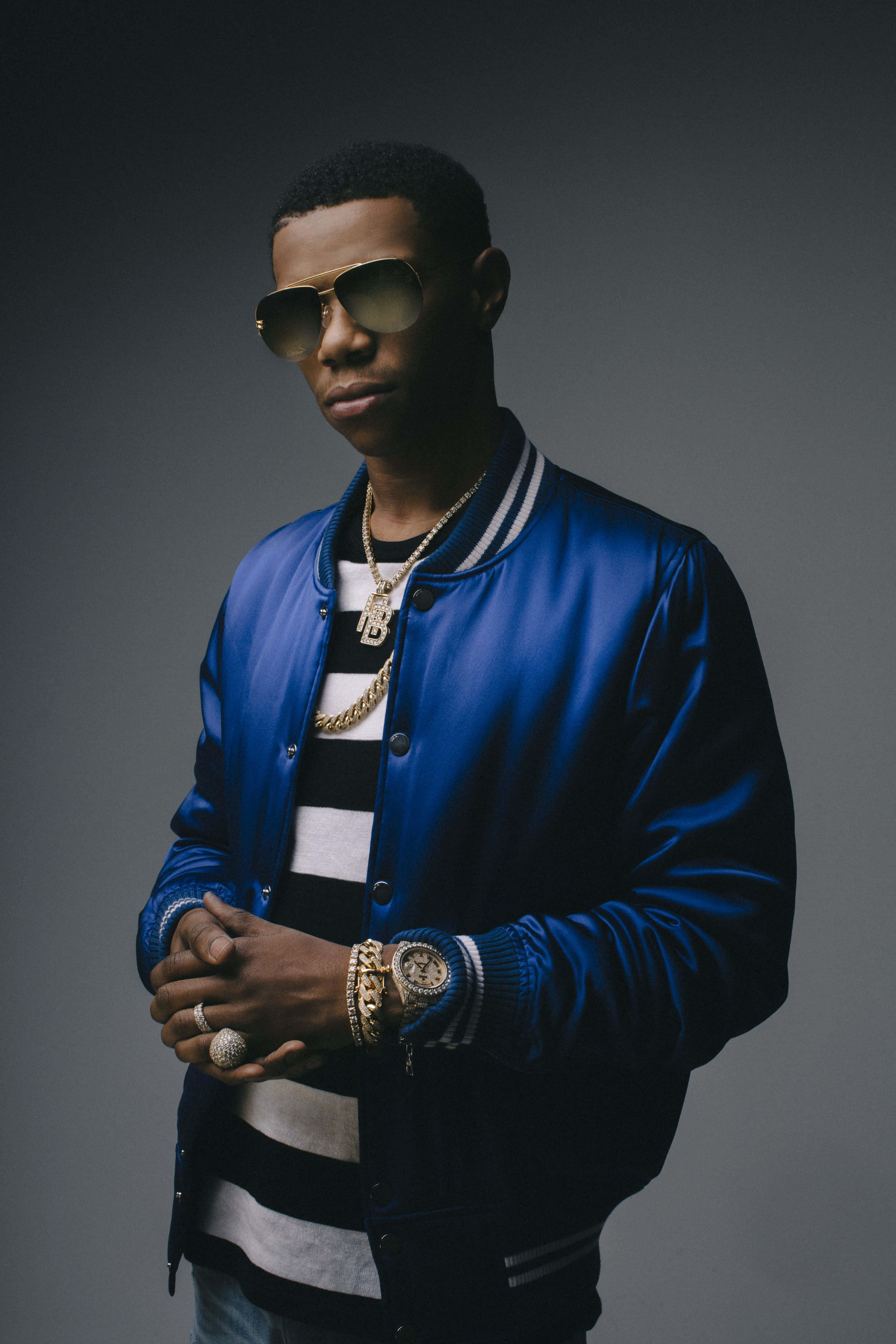 A Boogie Wit Da Hoodie, blue bomber jacket, gold chains, 5K Phone Wallpaper