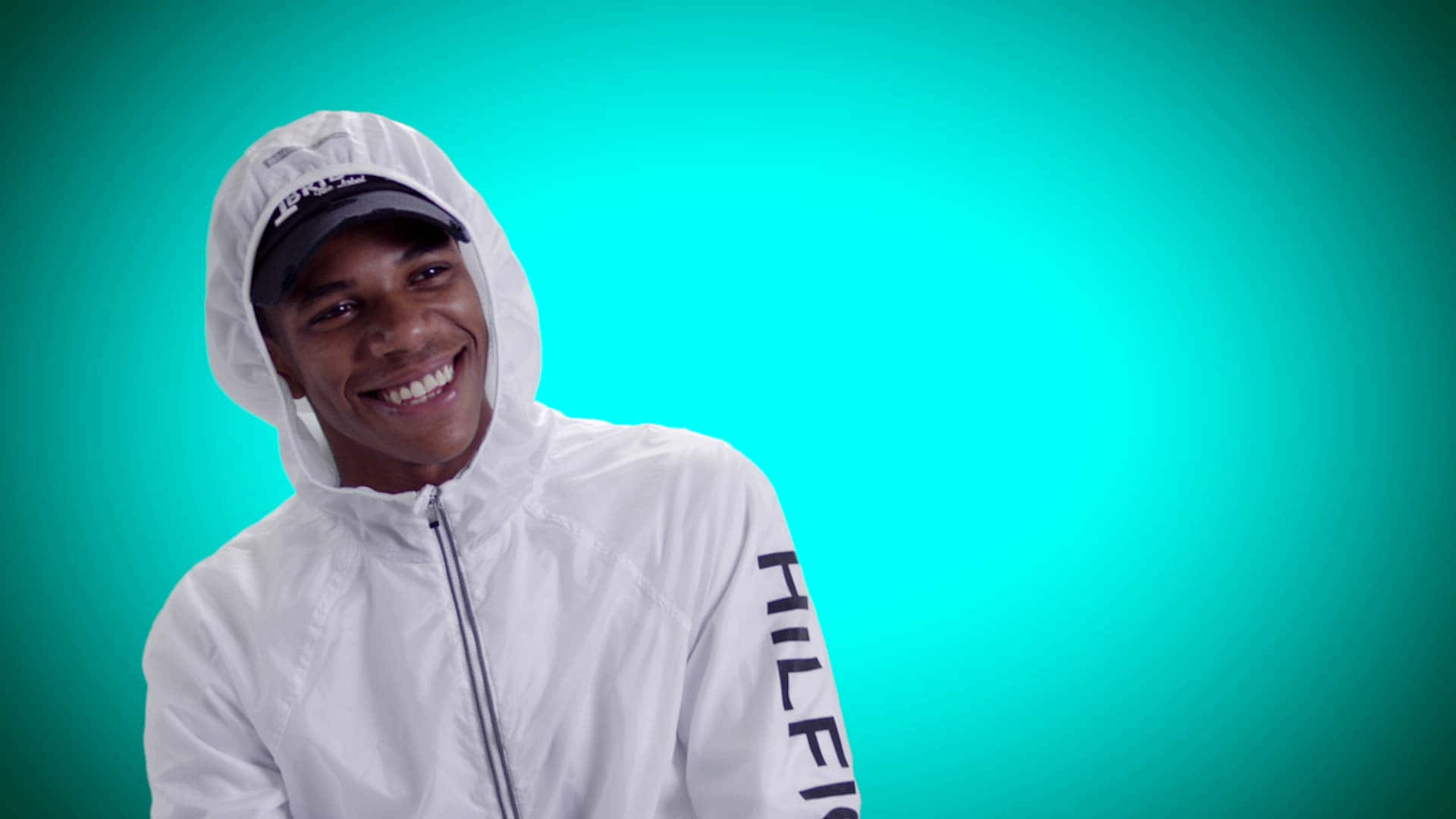 A Boogie Wit Da Hoodie, white hooded jacket, vibrant teal gradient background, Full HD Desktop Wallpaper