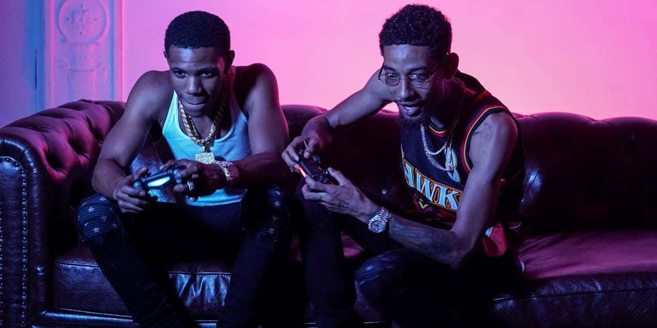 A Boogie Wit Da Hoodie, leather couch, vibrant pink and blue neon lighting, HD Desktop Wallpaper