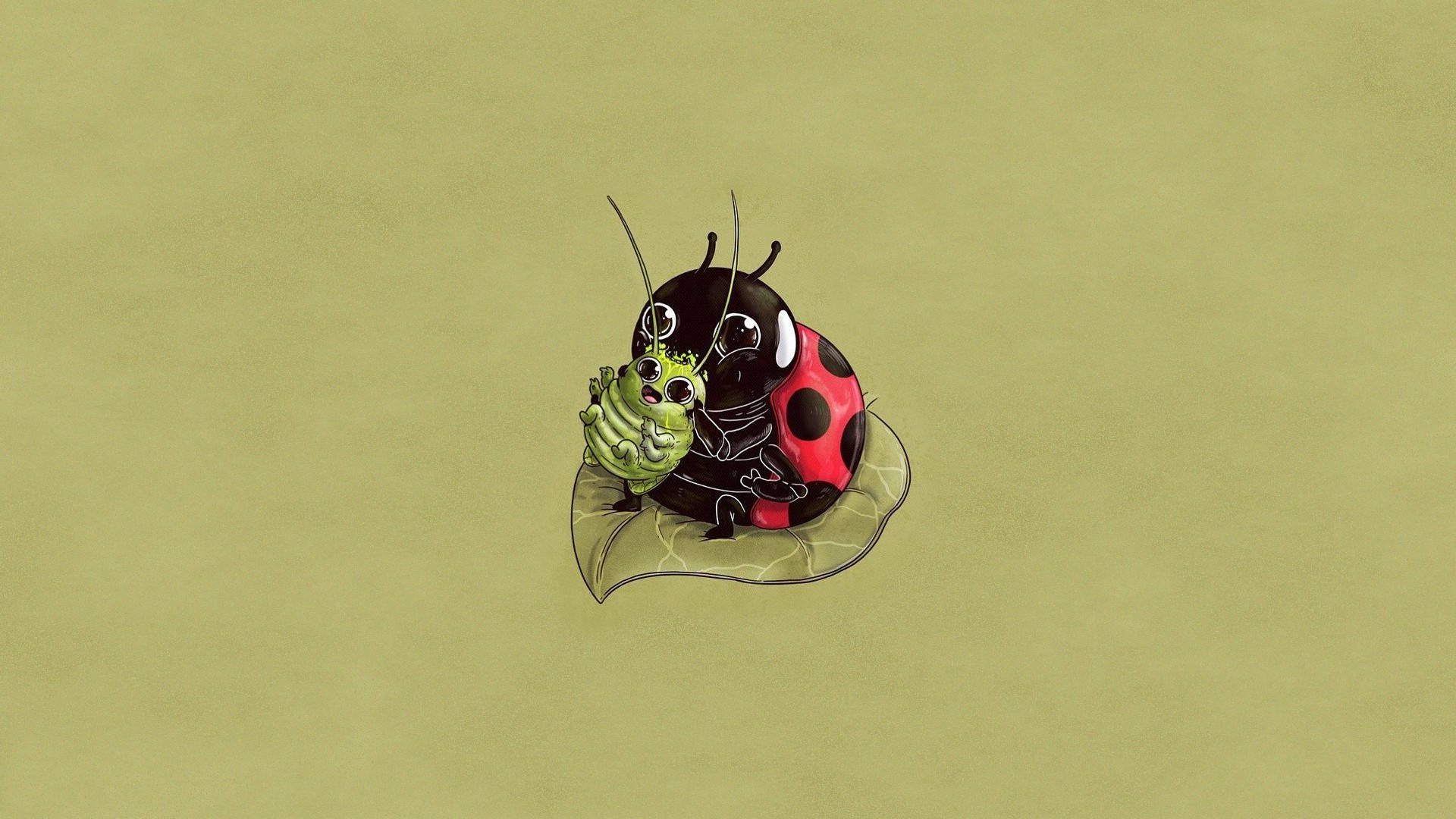 ladybug beetle, red spots, green caterpillar, Full HD Desktop Wallpaper