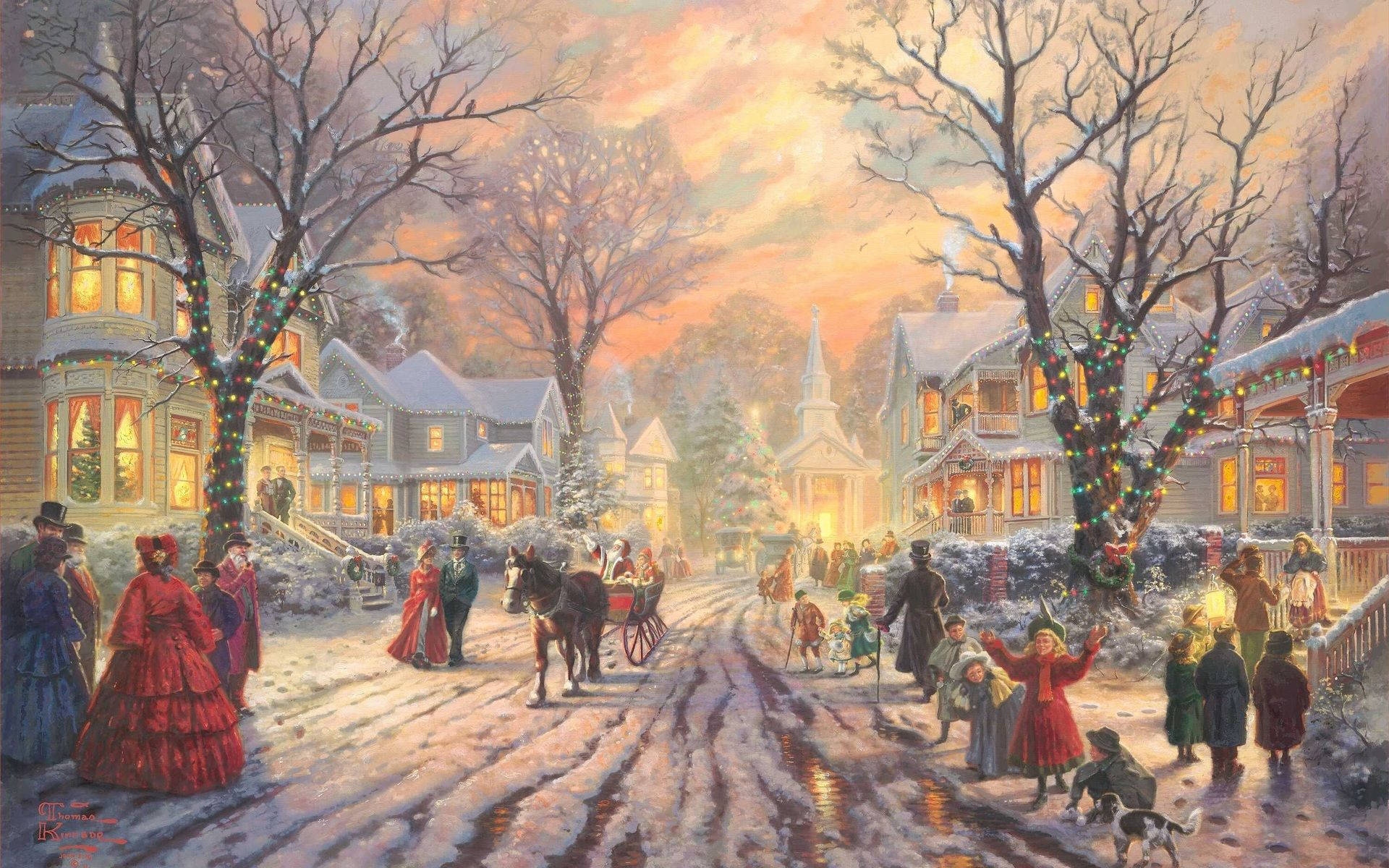 A Christmas Carol, Victorian village street, golden sunset, Full HD Desktop Wallpaper