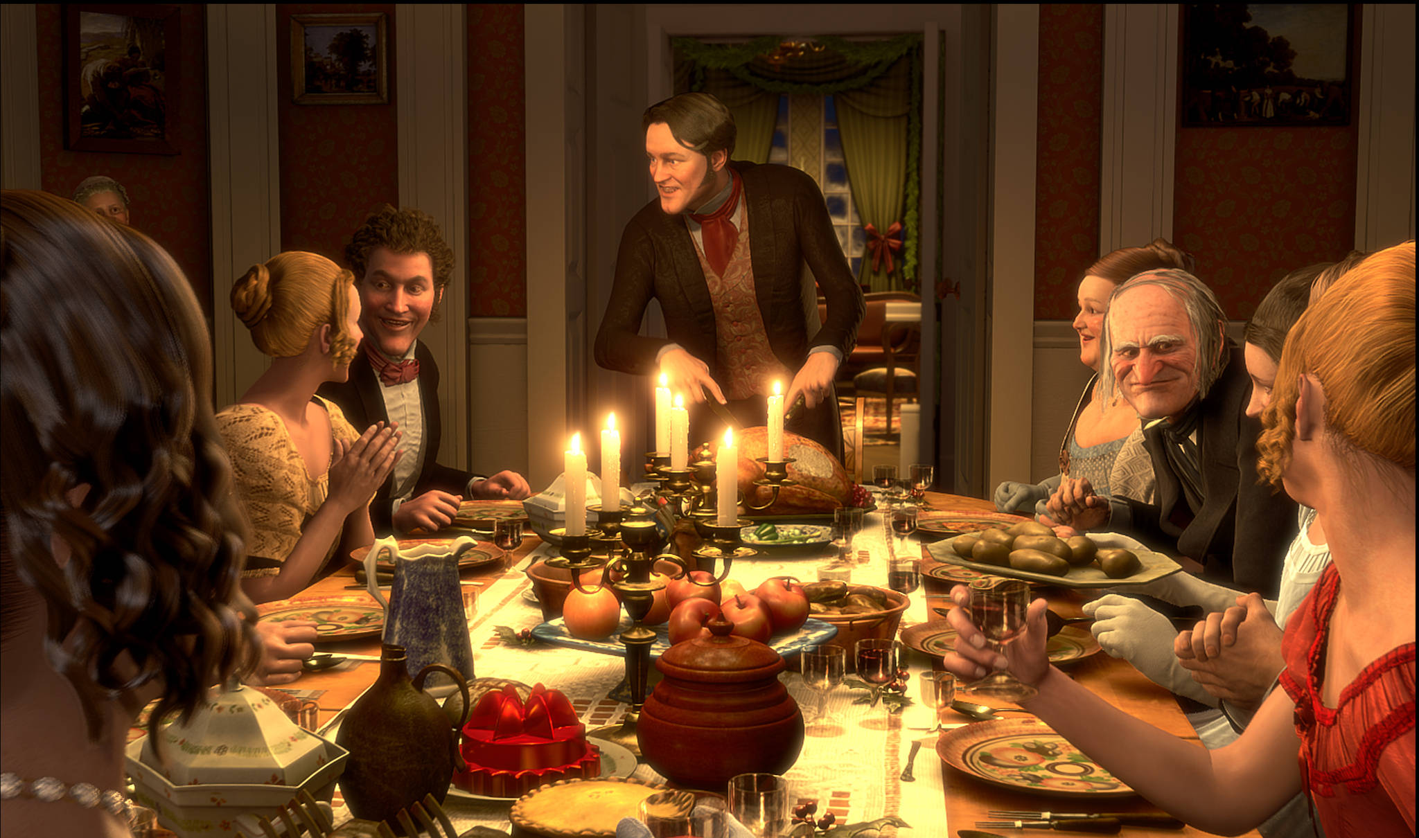 A Christmas Carol, 19th-century dining room, candlelit table, Full HD Desktop Wallpaper