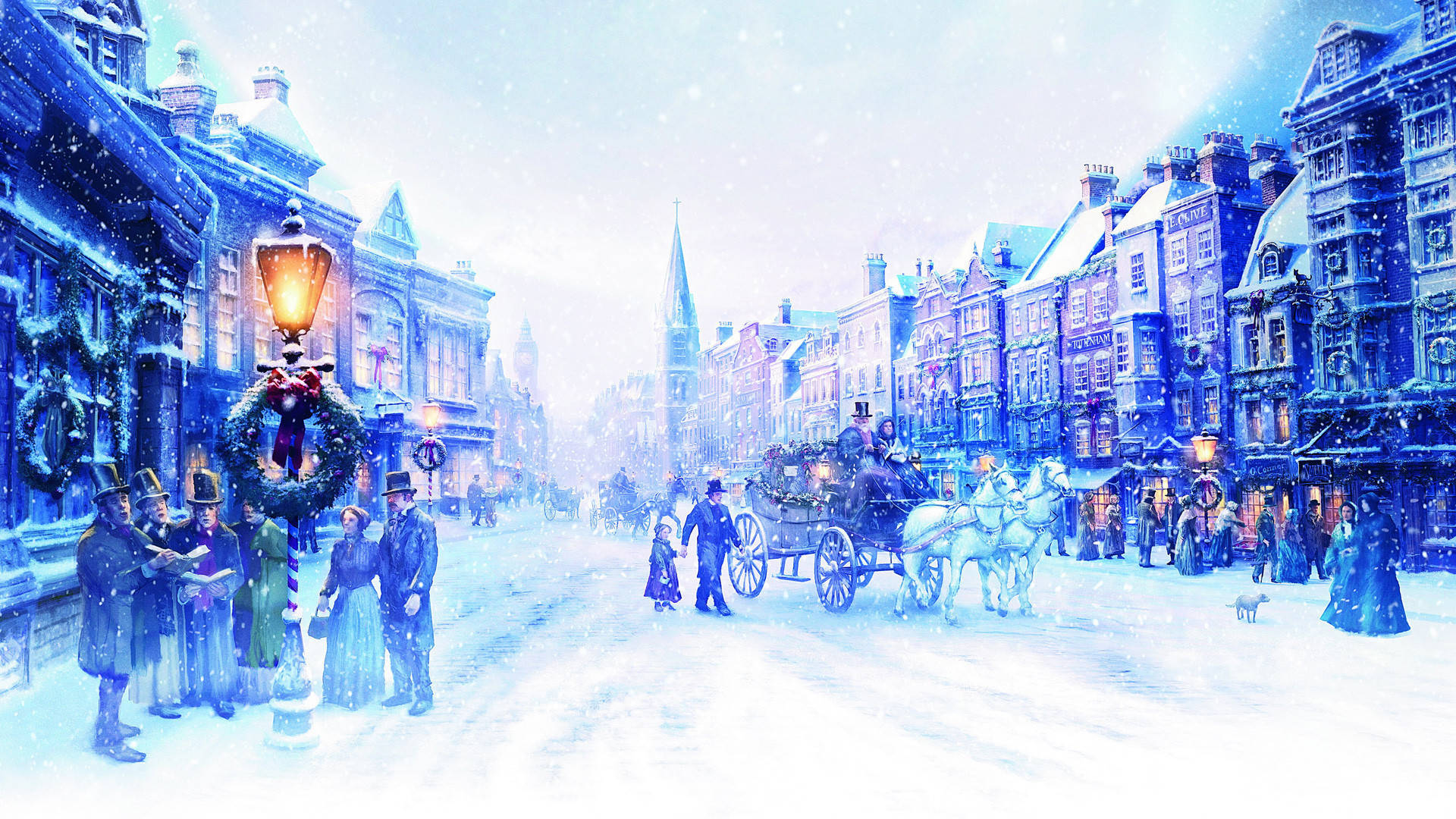 A Christmas Carol, Victorian street, horse-drawn carriages, Full HD Desktop Wallpaper