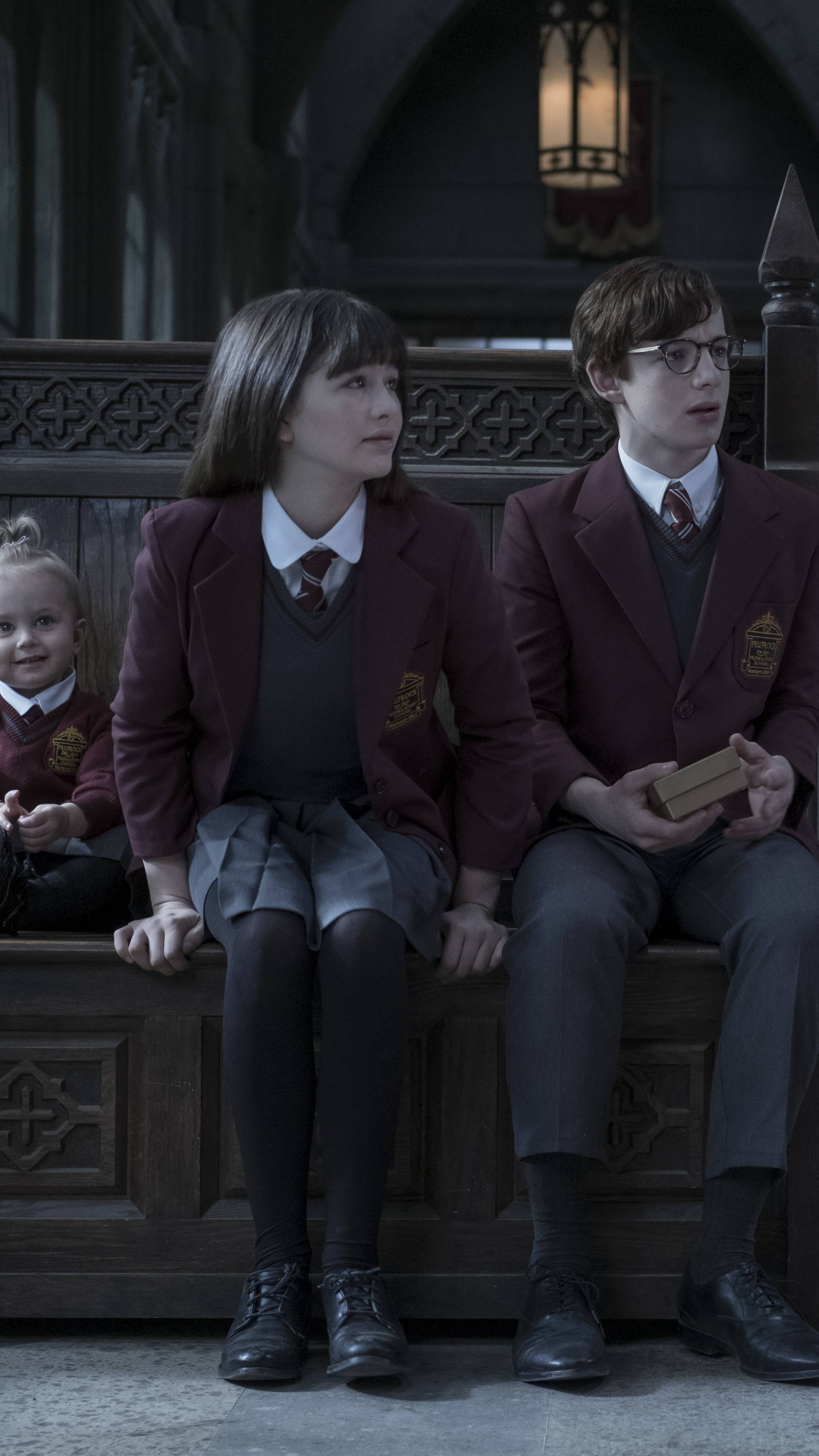 A series of unfortunate events, maroon school uniforms, ornate wooden bench, 4K Phone Wallpaper