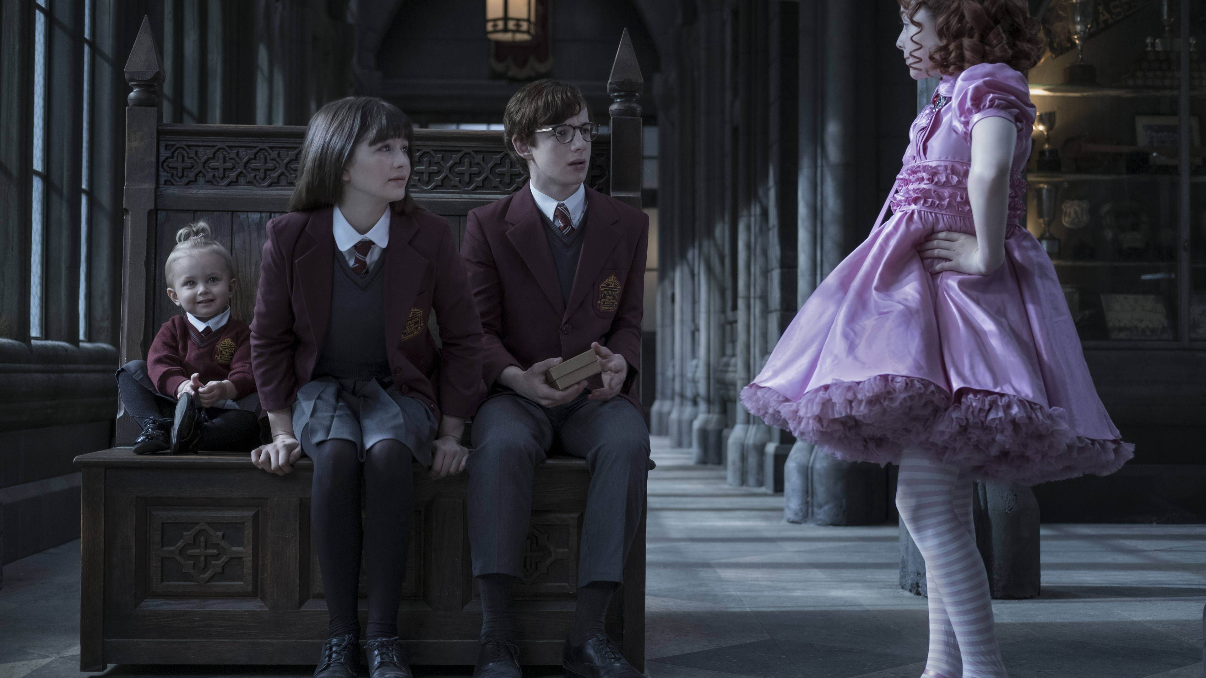 A Series of Unfortunate Events, maroon school uniforms, purple dress, 4K Desktop Wallpaper