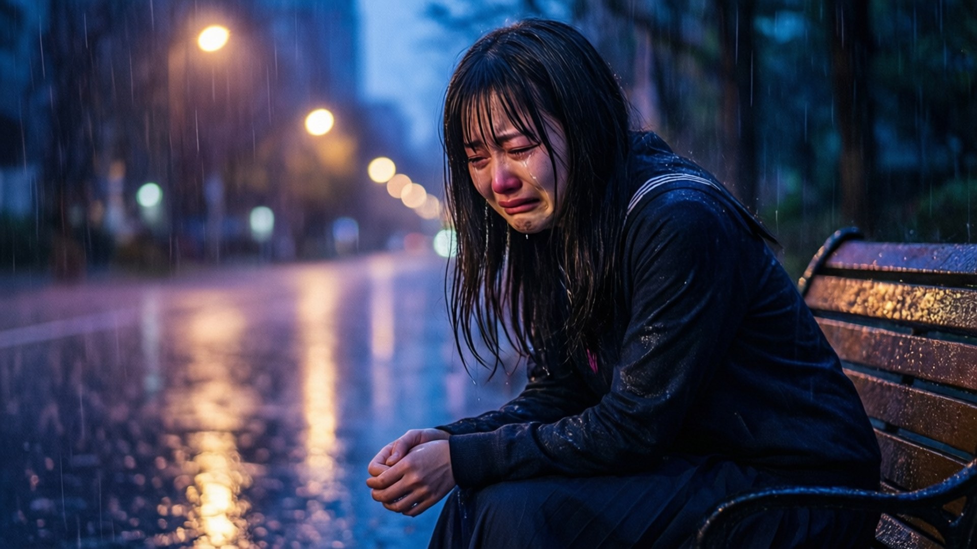 Rainy Sorrow, woman, wet park bench, Full HD Desktop Wallpaper