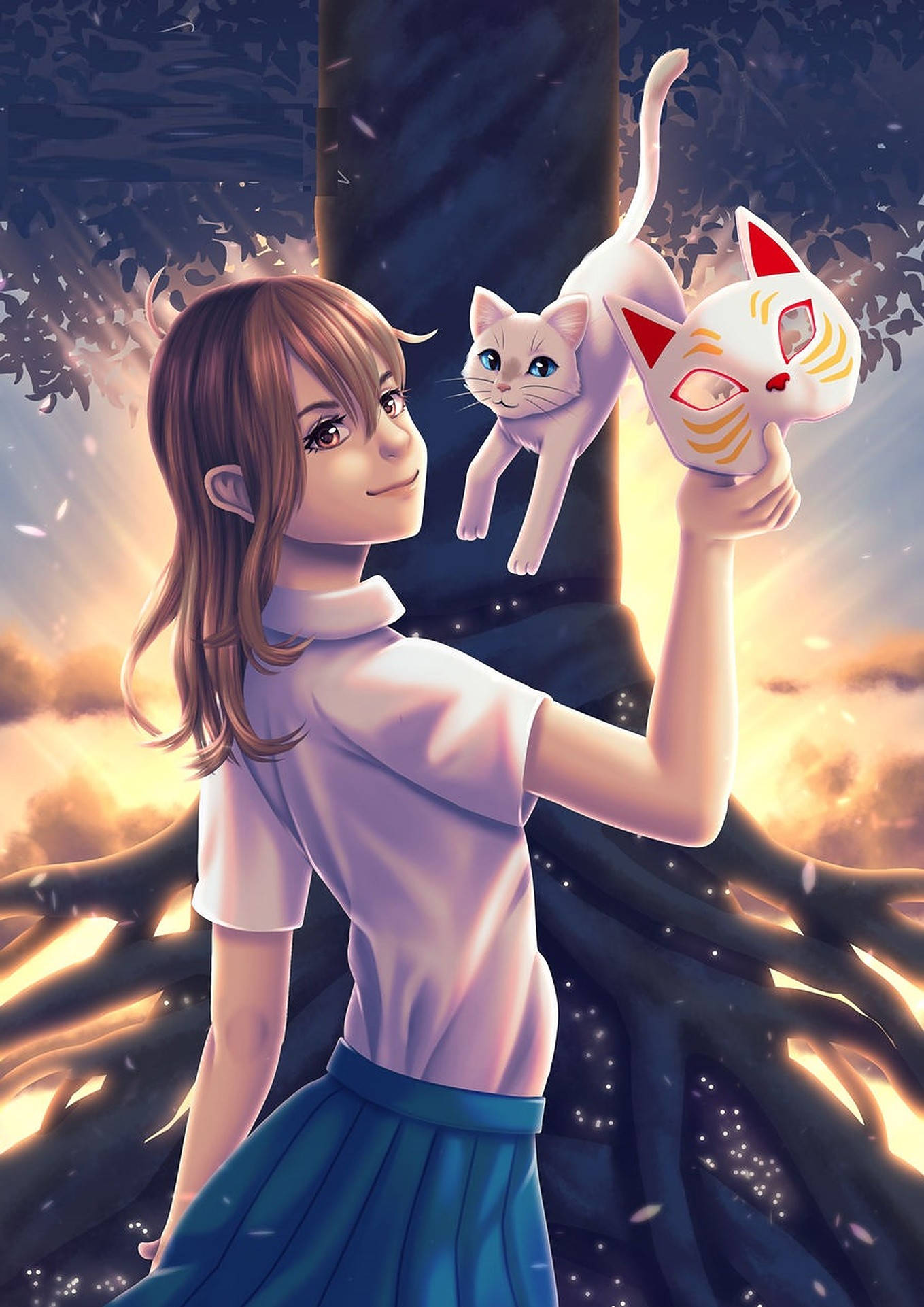 A Whisker Away, school uniform, white cat mask, Full HD Phone Wallpaper