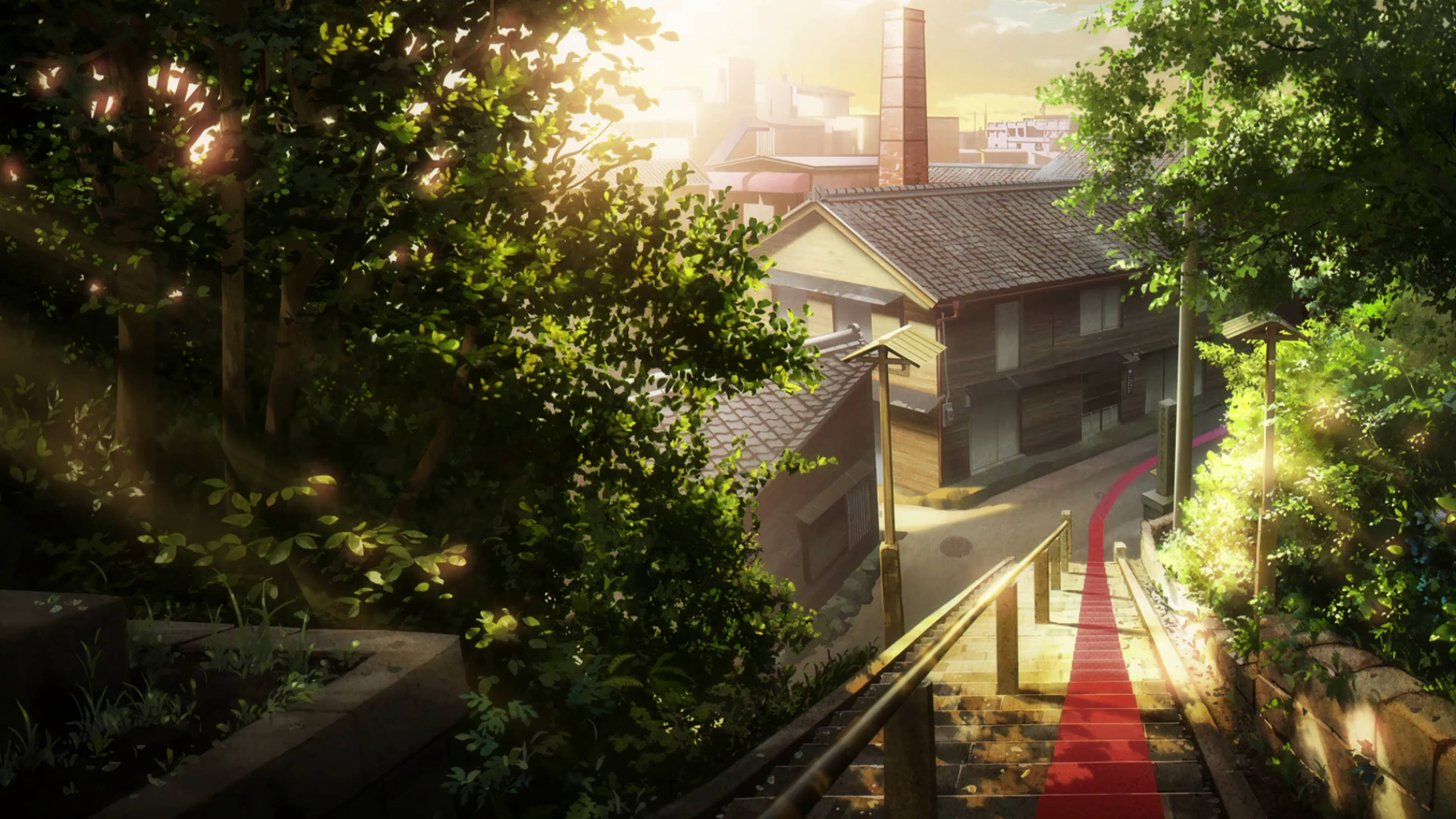 A Whisker Away, red carpeted staircase, lush greenery, 4K Desktop Wallpaper