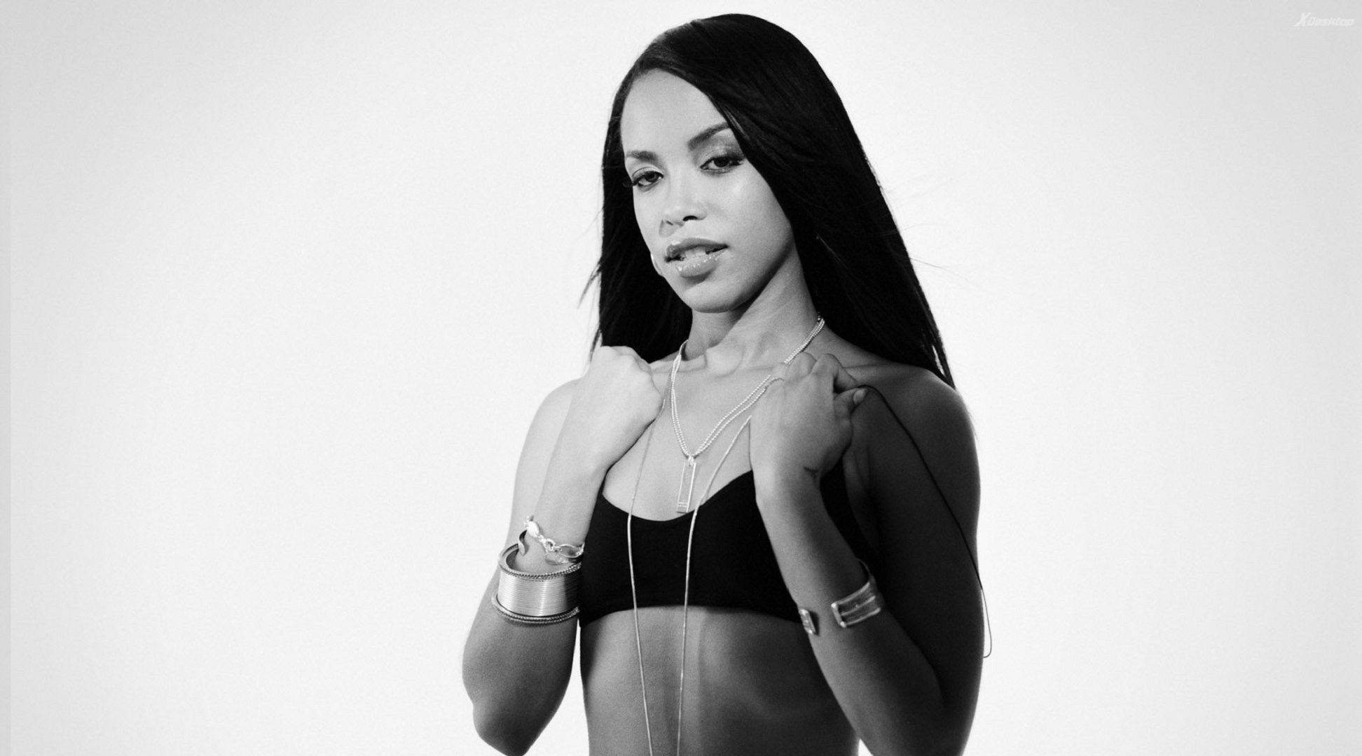 Aaliyah, black and white portrait, long dark hair, Full HD Desktop Wallpaper