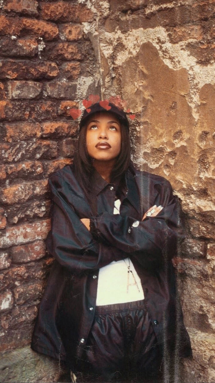 Aaliyah, red flower crown, weathered brick wall, HD Phone Wallpaper