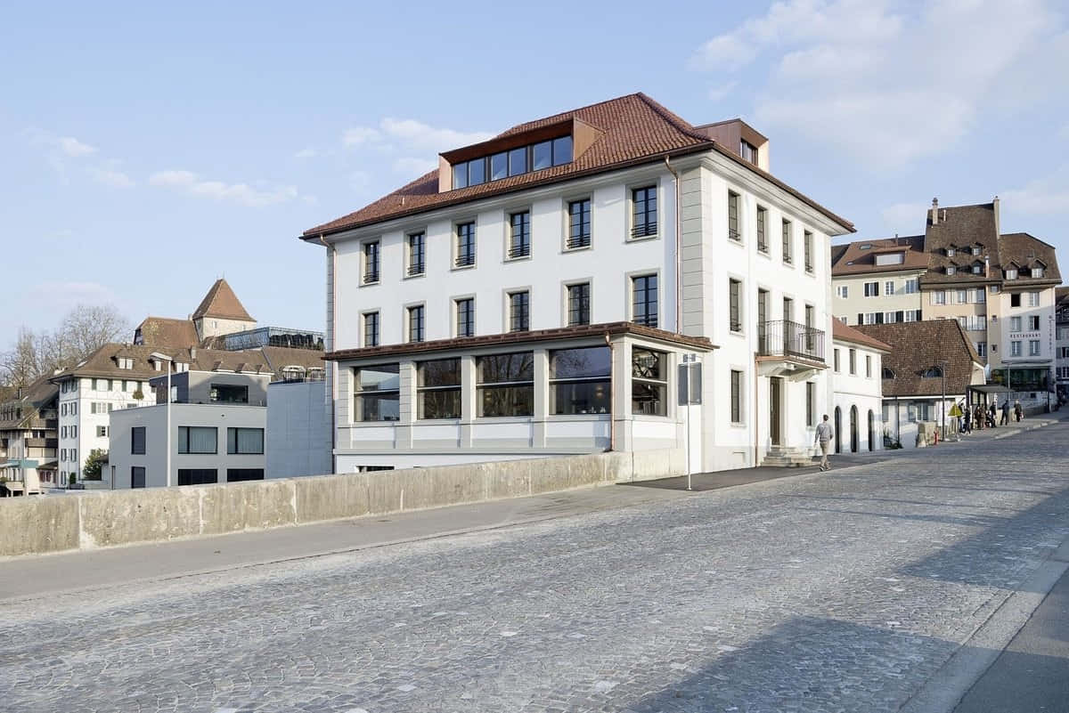Aarau, riverside building, white building, SD Desktop Wallpaper