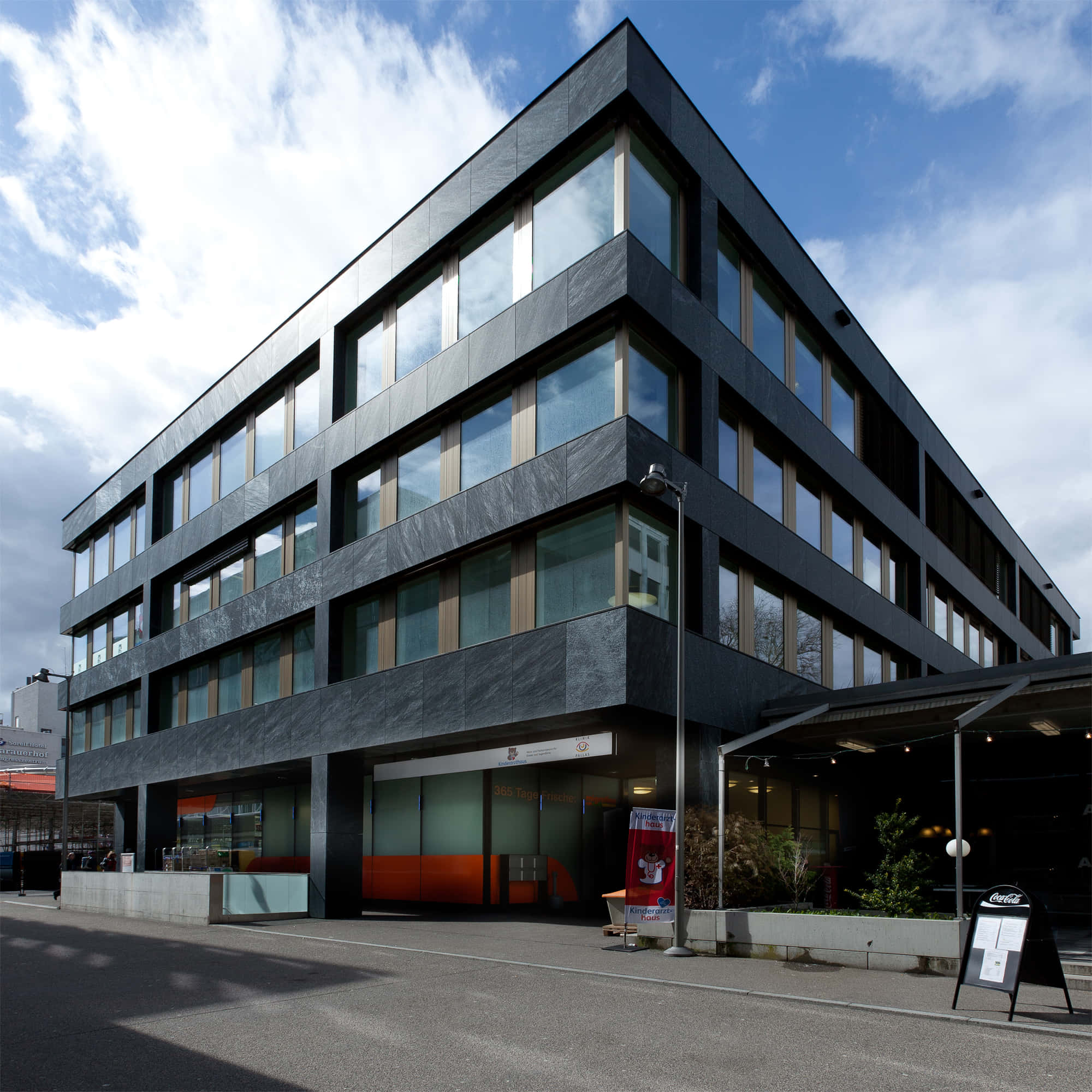 Aarau, modern angular building, dark stone facade, Full HD Desktop Wallpaper