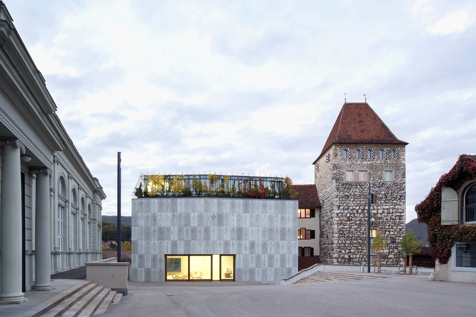 Aarau, modern concrete building, glowing windows, HD Desktop Wallpaper