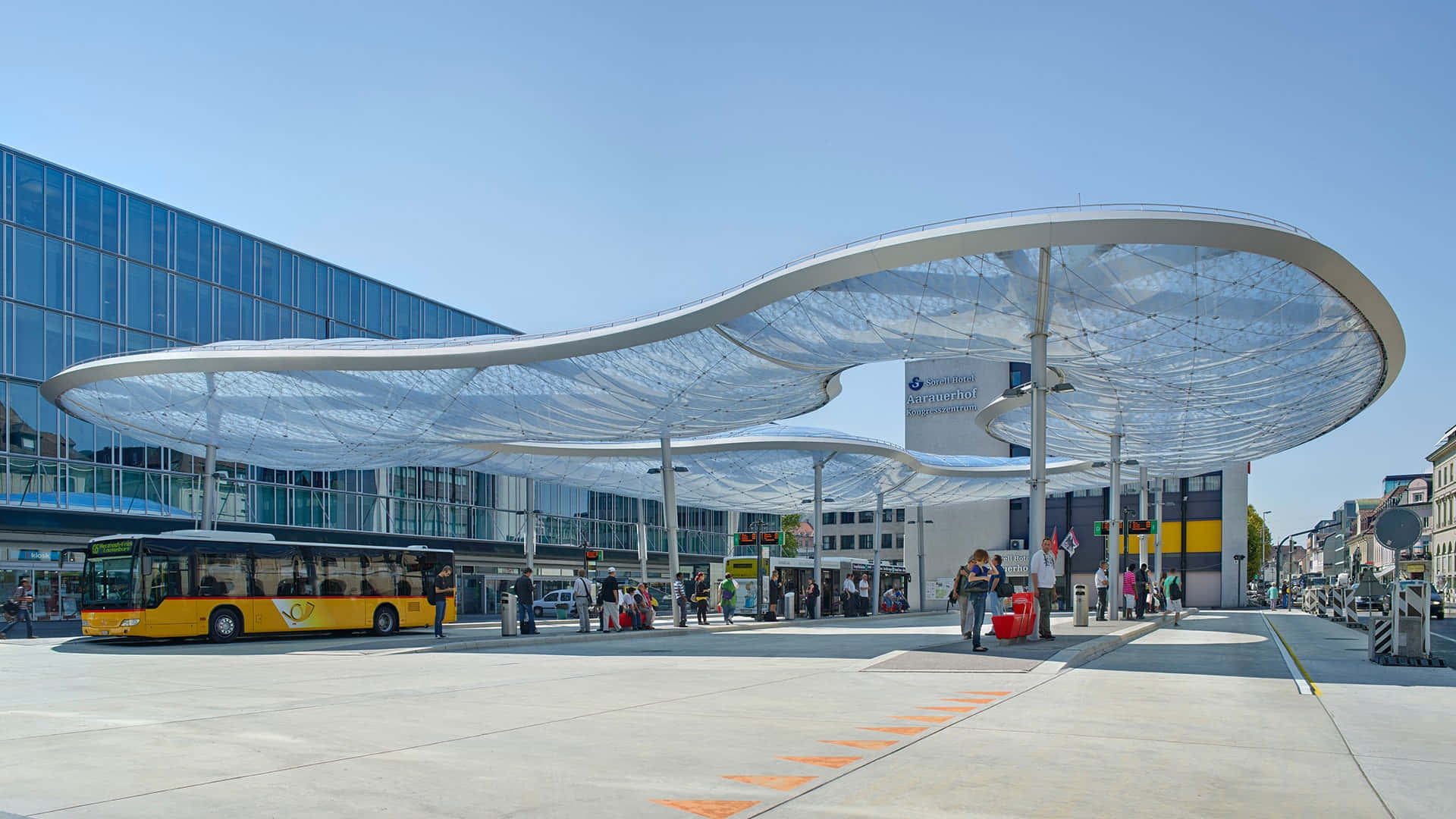 Aarau, sunset, modern bus station, Full HD Desktop Wallpaper