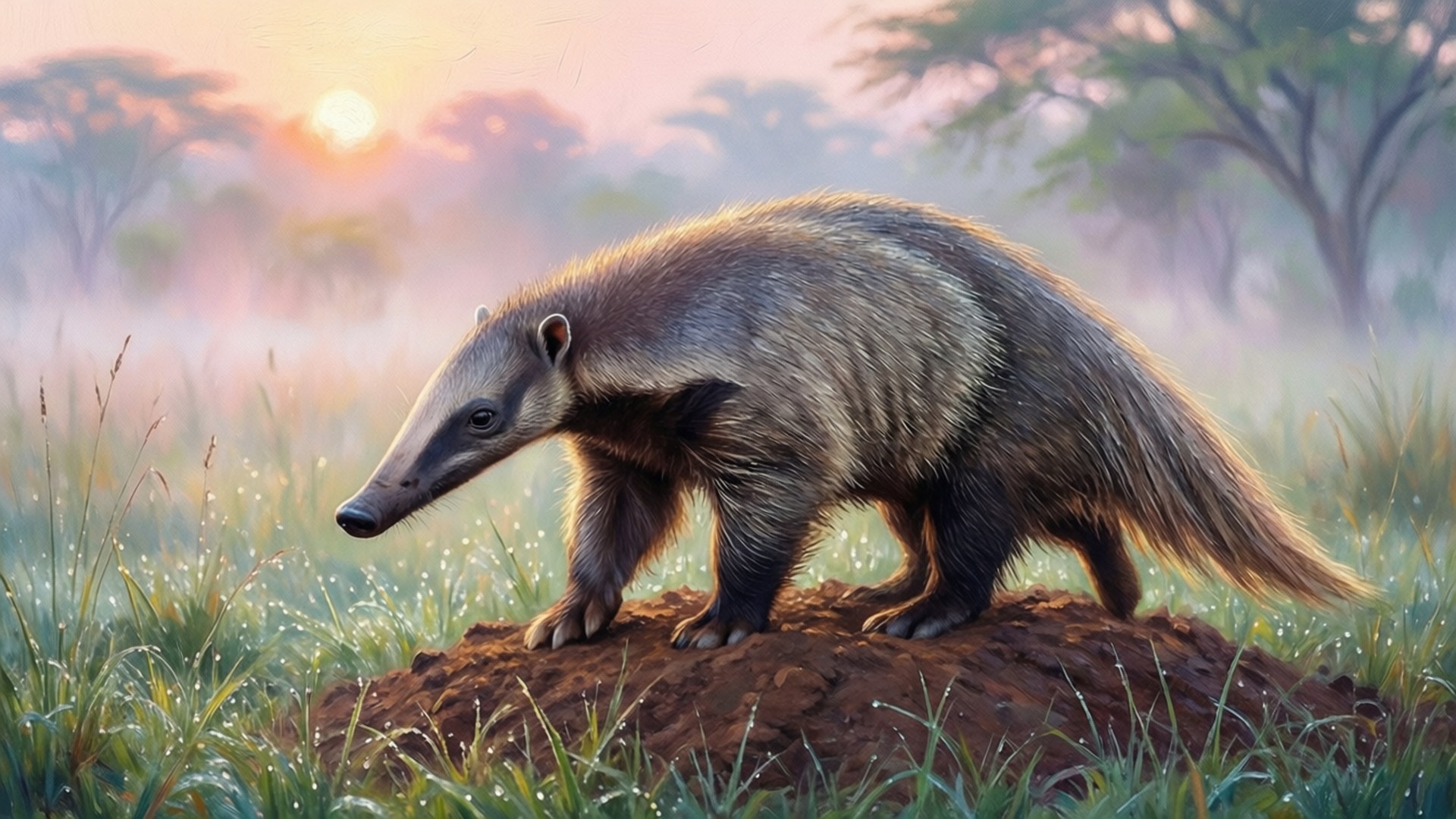 aardvark, termite mounds, dawn, Full HD Desktop Wallpaper