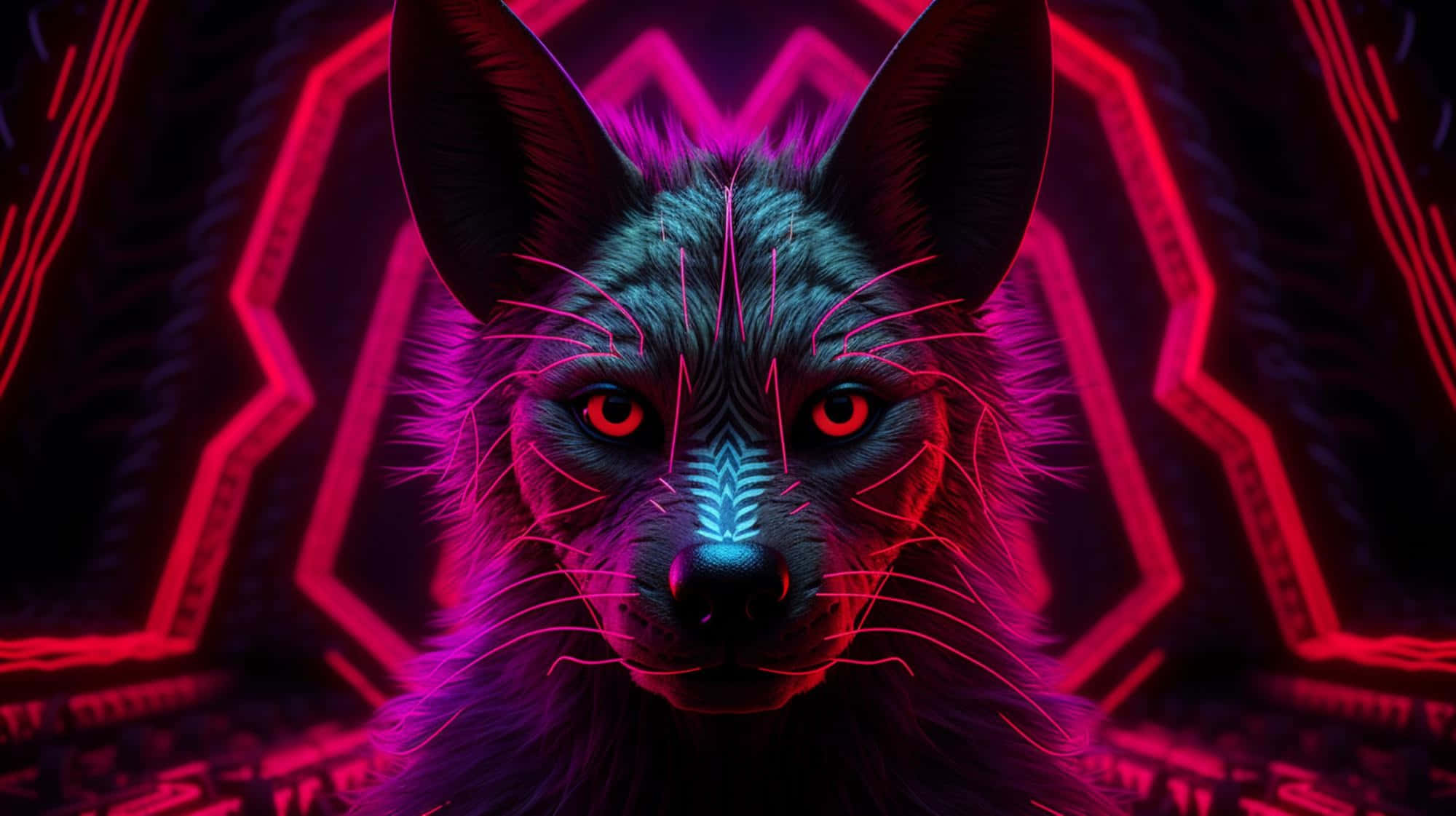 Neon Aardwolf, cybernetic fox, glowing red eyes, Full HD Desktop Wallpaper